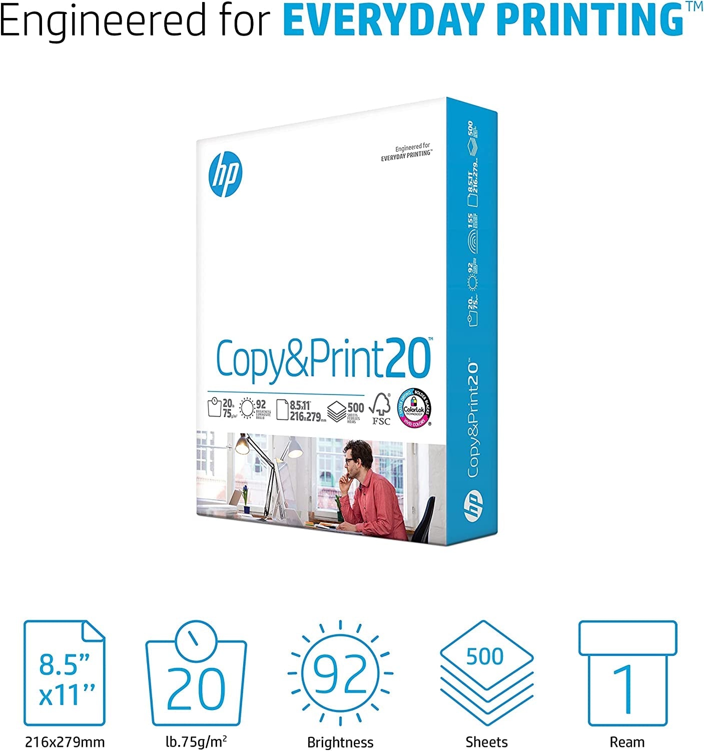 HP 8.5 x 11 Inch Copy & Print Printer Paper, 20 lb, 500 Sheets per Ream, 92 Bright, FSC Certified Compatible with HP Printers