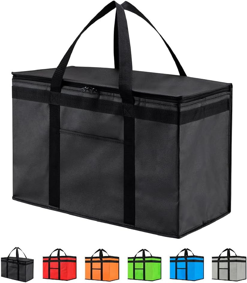 XXL Insulated Cooler Bag and Food Warmer for Food Delivery and Grocery Shopping, Black, Zippered Top (1 Pack)
