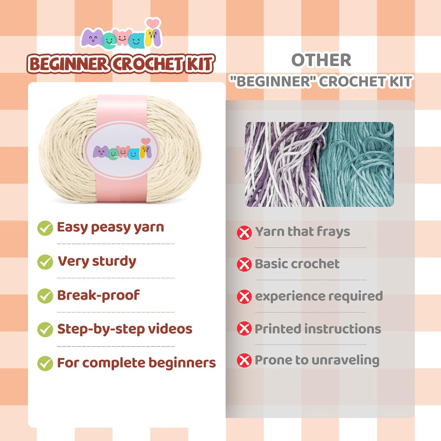 Beginner Crochet Kit Level 1: Toast Coaster with 40% Extra Pre-Started Easy Yarn and Step-by-Step Video Tutorials for Adults and Kids