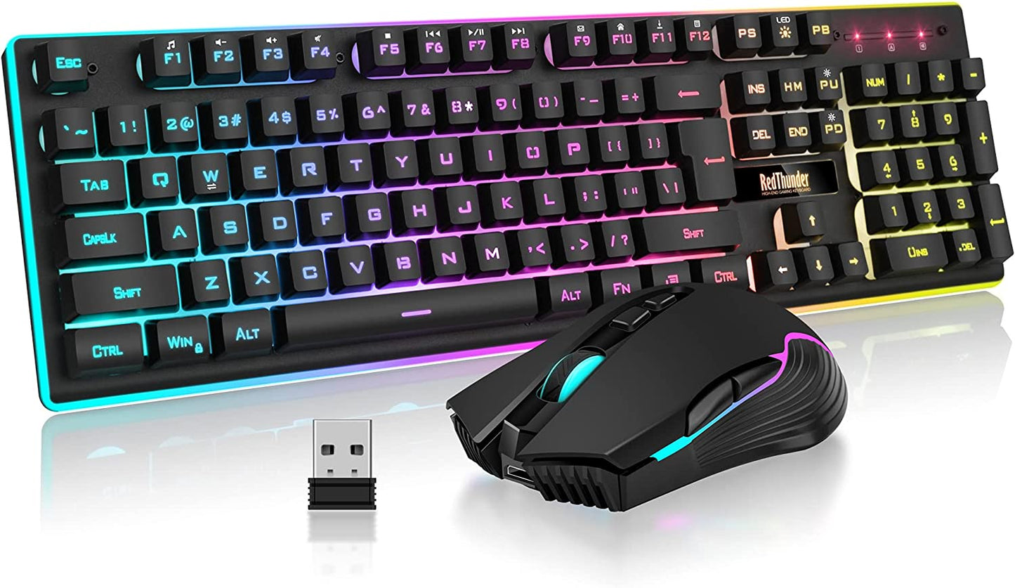Wireless Gaming Keyboard and Mouse Set with LED Backlighting, Rechargeable 3800mAh Battery, Mechanical Feel (Black)