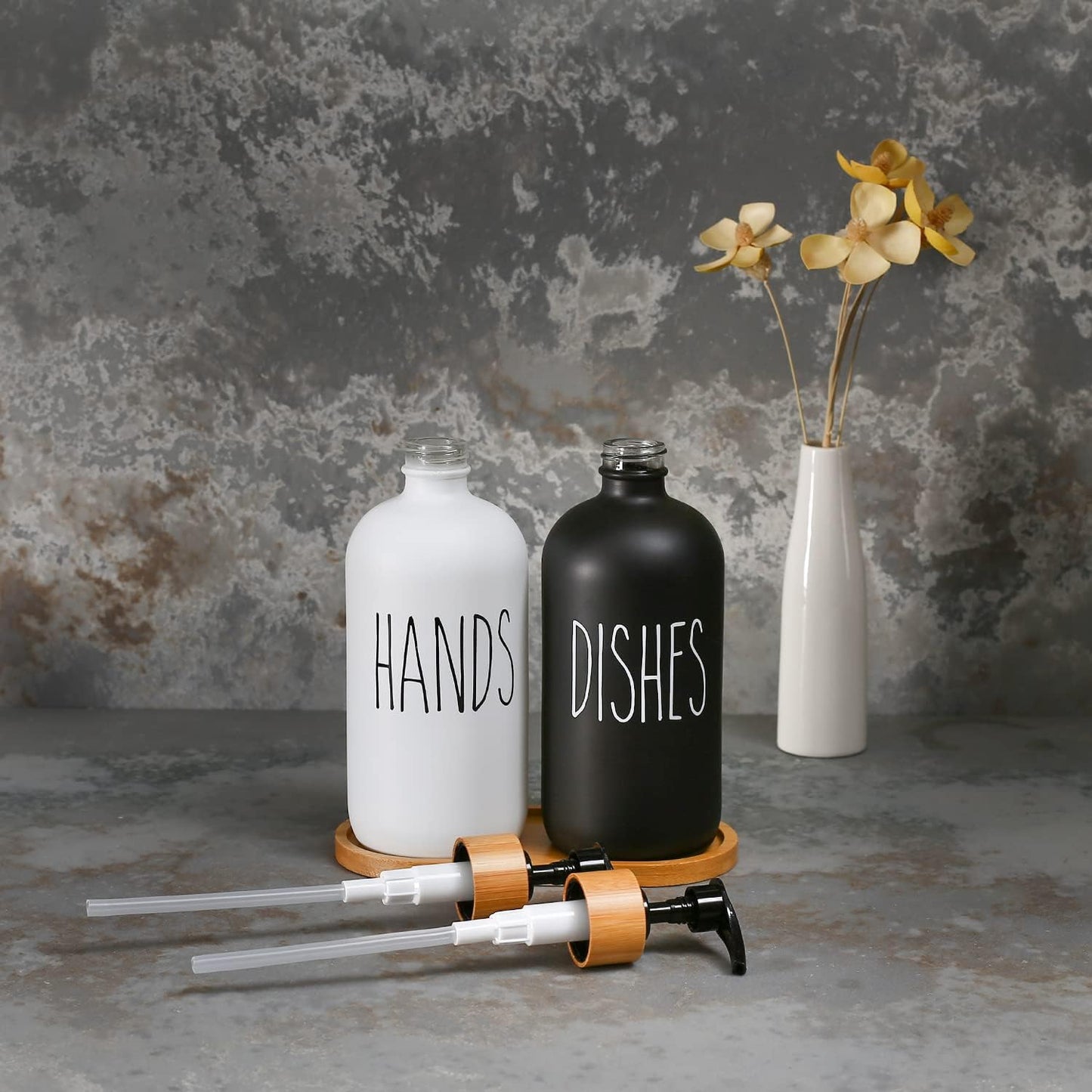 Elegant Glass Soap Dispenser Set with Hand Soap and Dish Soap Dispensers - Black & White