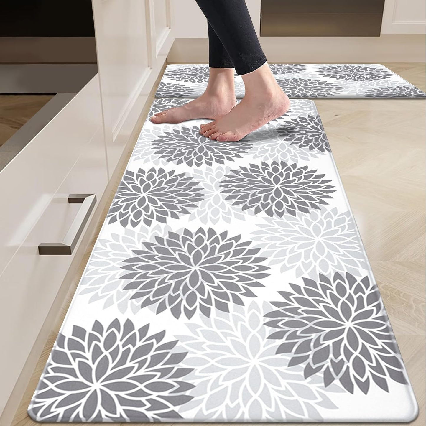 Anti-Fatigue Kitchen Rug Set - 2-Piece Non-Skid Cushioned Floor Mats (17" x 48" & 17" x 28") - Waterproof Runner Mats