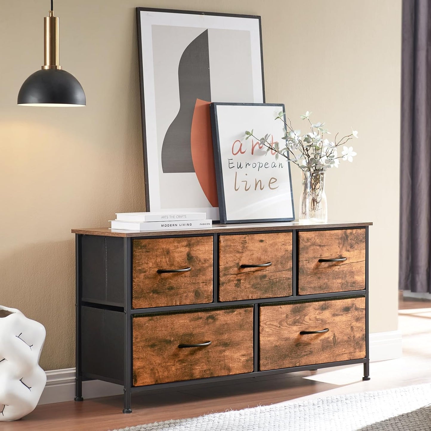 5-Drawer Dresser with Fabric Bins - Versatile Storage Organizer - Wood Grain Finish