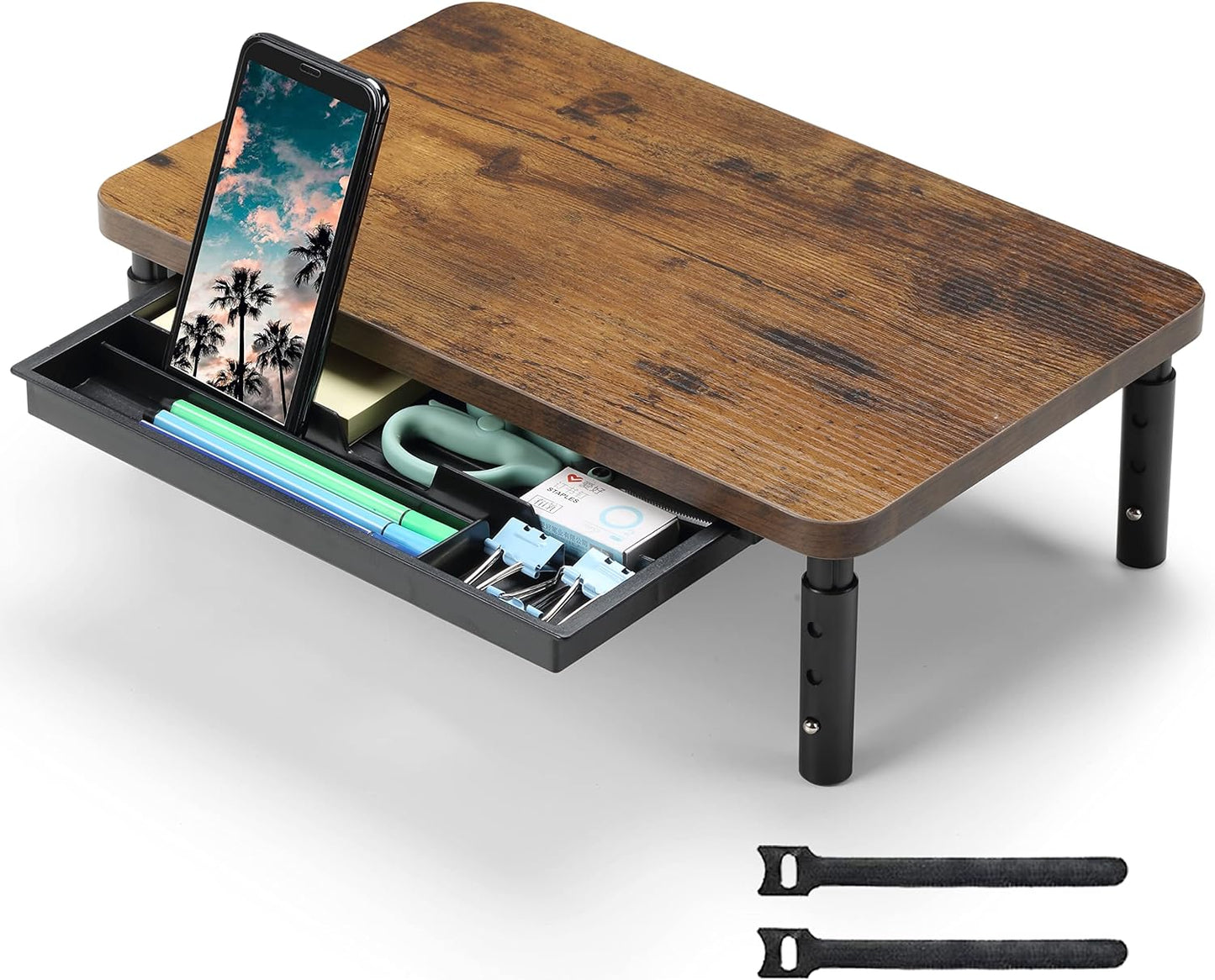 Height Adjustable Monitor Stand with Storage Drawer - Ergonomic Wood Desk Organizer for Office and Home