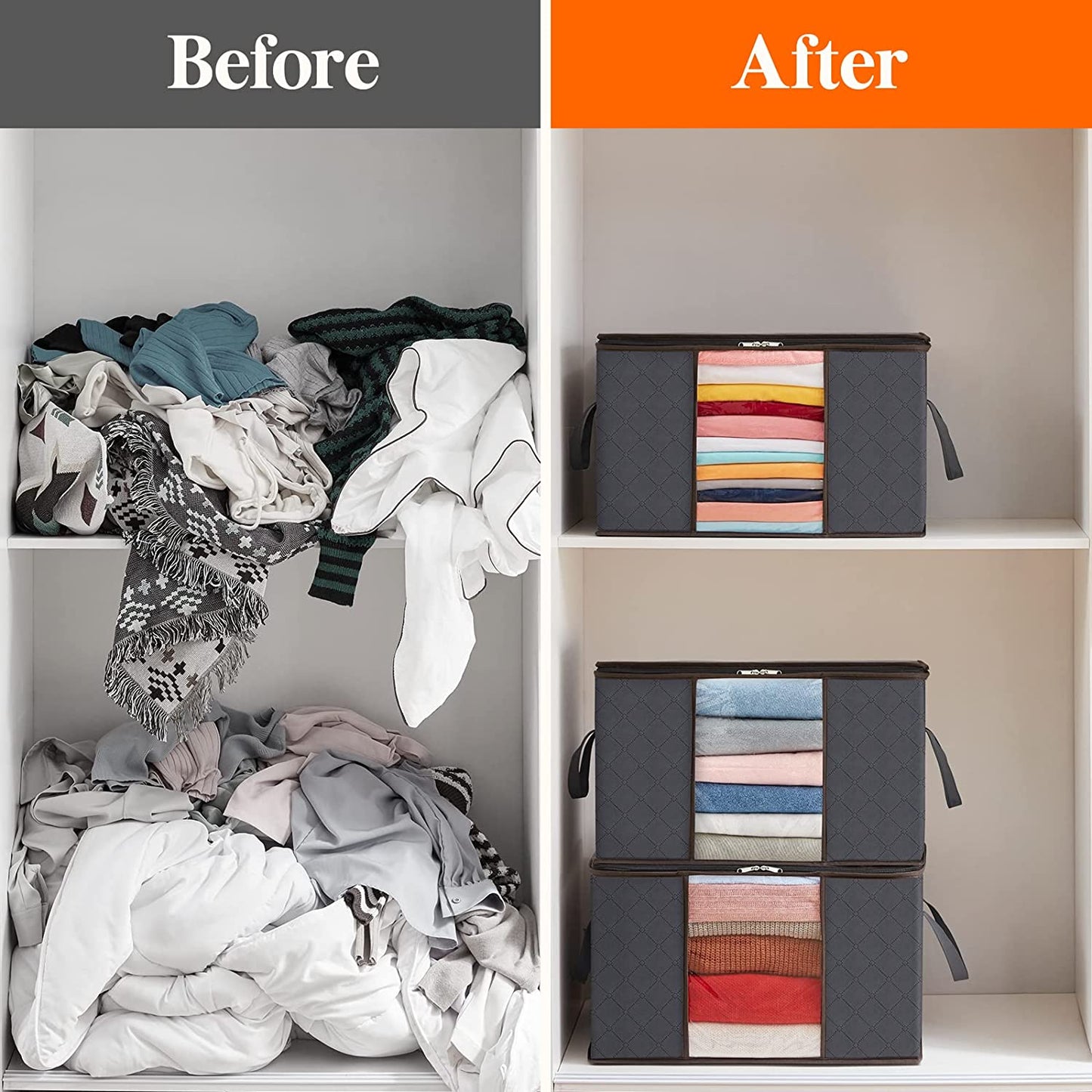 6-Pack Foldable Clothes Storage Bins - Reinforced Handles, Sturdy Zippers, Clear Window Design for Organizing