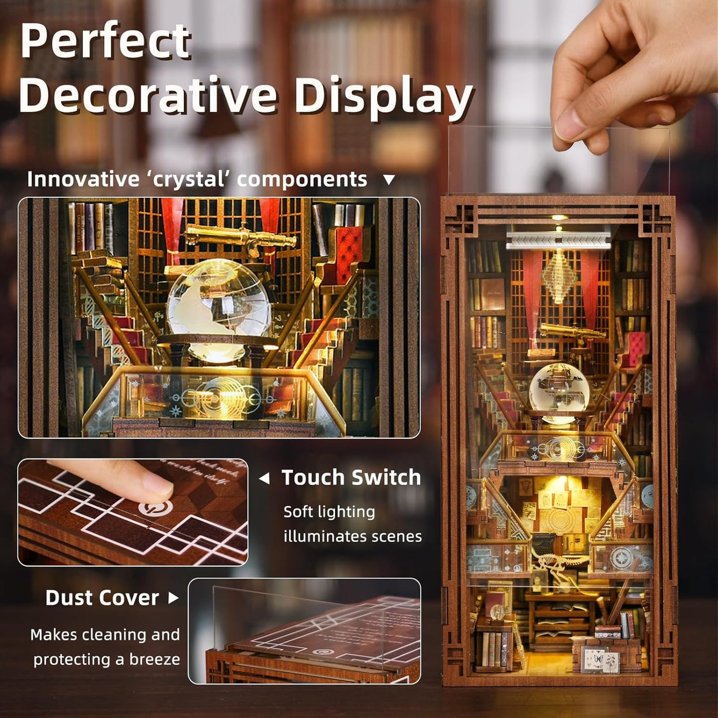 Book Nook Kit, DIY Miniature Dollhouse Booknook Kit, 3D Wooden Puzzle Bookend Bookshelf Insert Decor with LED Light for Teens and Adults (Beyond Library)
