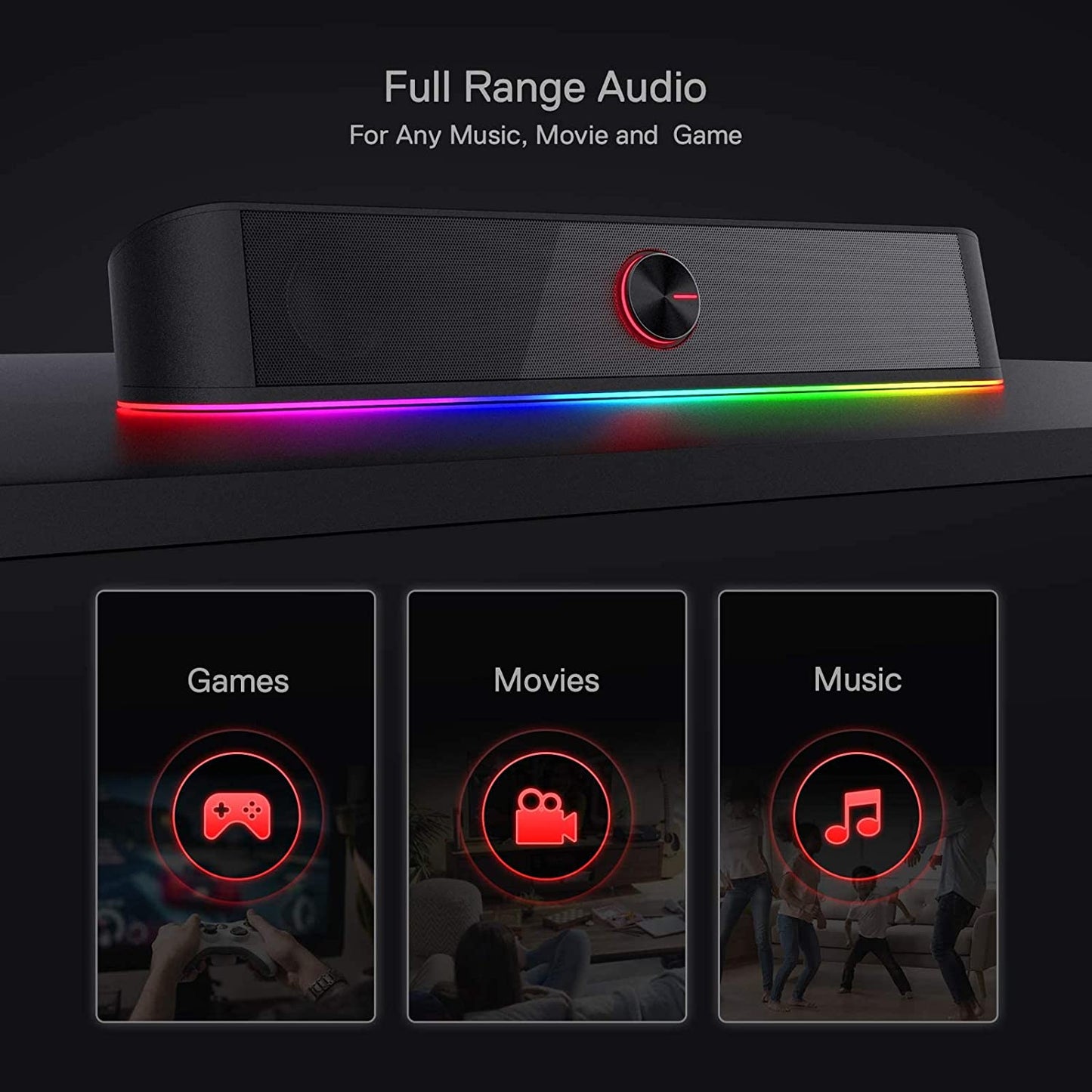 RGB Desktop Soundbar - 2.0 Channel Computer Speaker with Dynamic Audio-Light Sync, Touch-Control Backlit Volume Knob, USB Powered with 3.5mm Cable