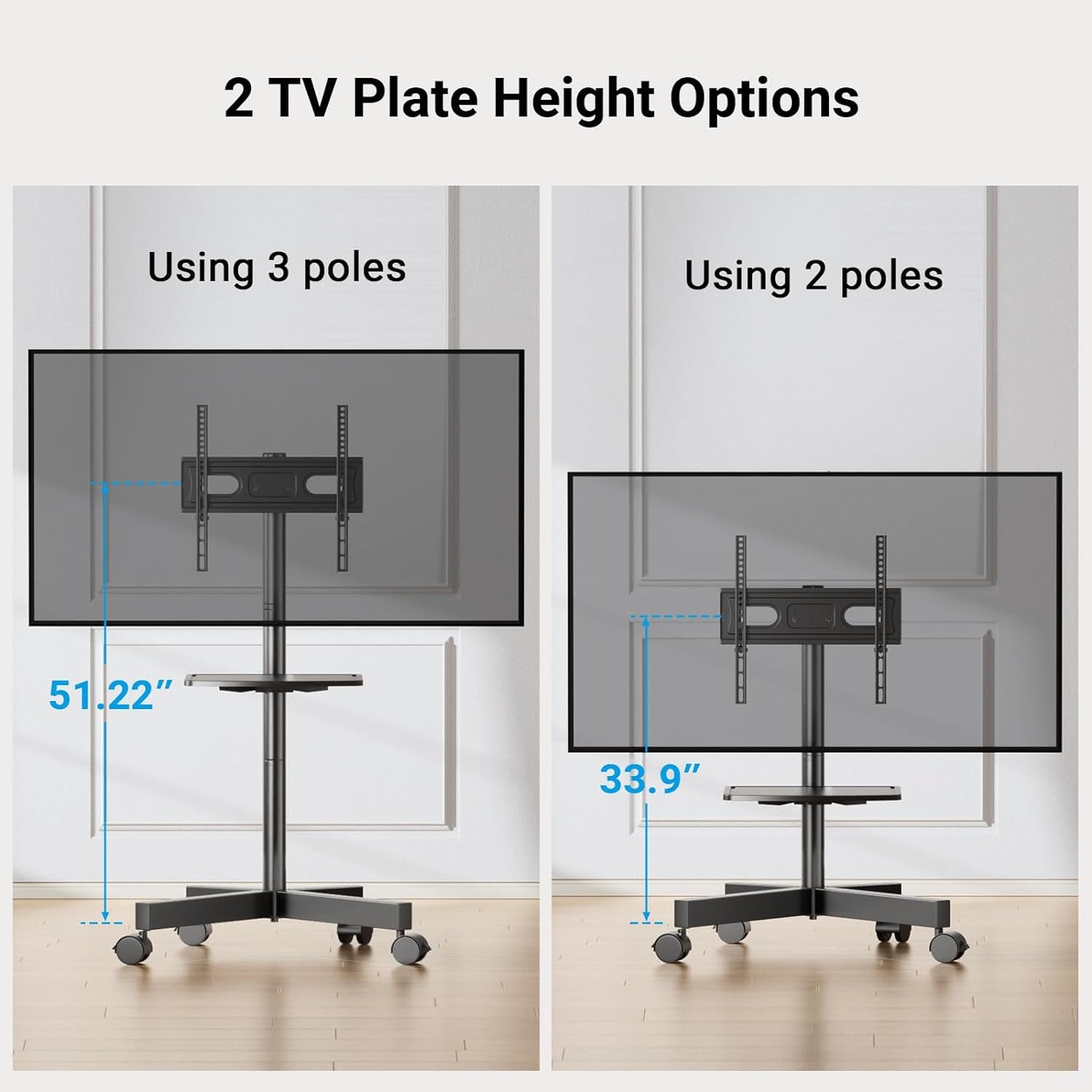 Mobile TV Cart for 23-60 Inch Screens Up to 88 lbs, VESA 400x400, Tilting Stand with Height Adjustable Laptop Shelf, Rolling Floor Stand