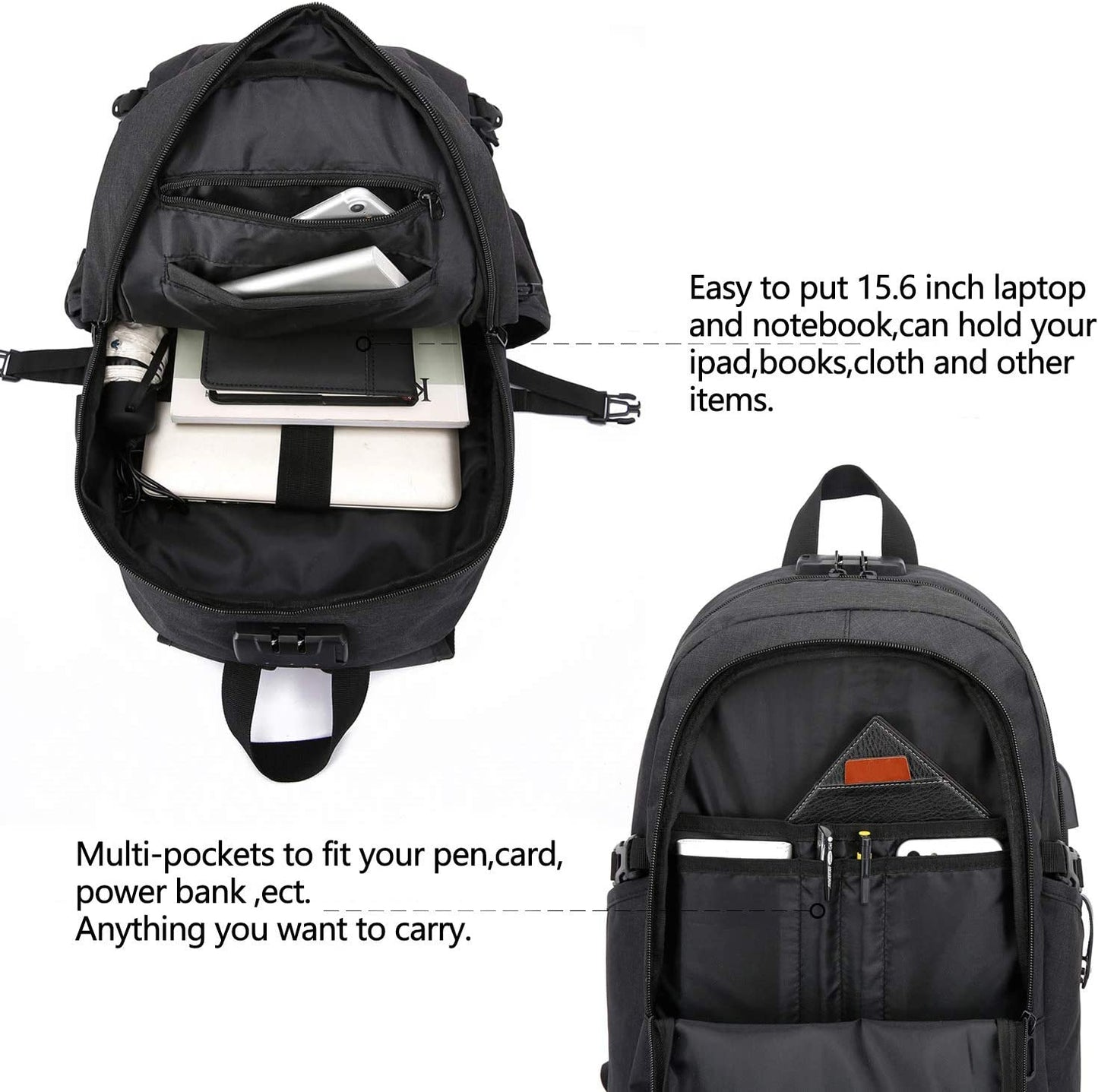 Anti-Theft Laptop Backpack for Business Travel, Slim Design - USB Charging Port, Durable Water-Resistant Bag for 15.6 Inch Laptops, Black