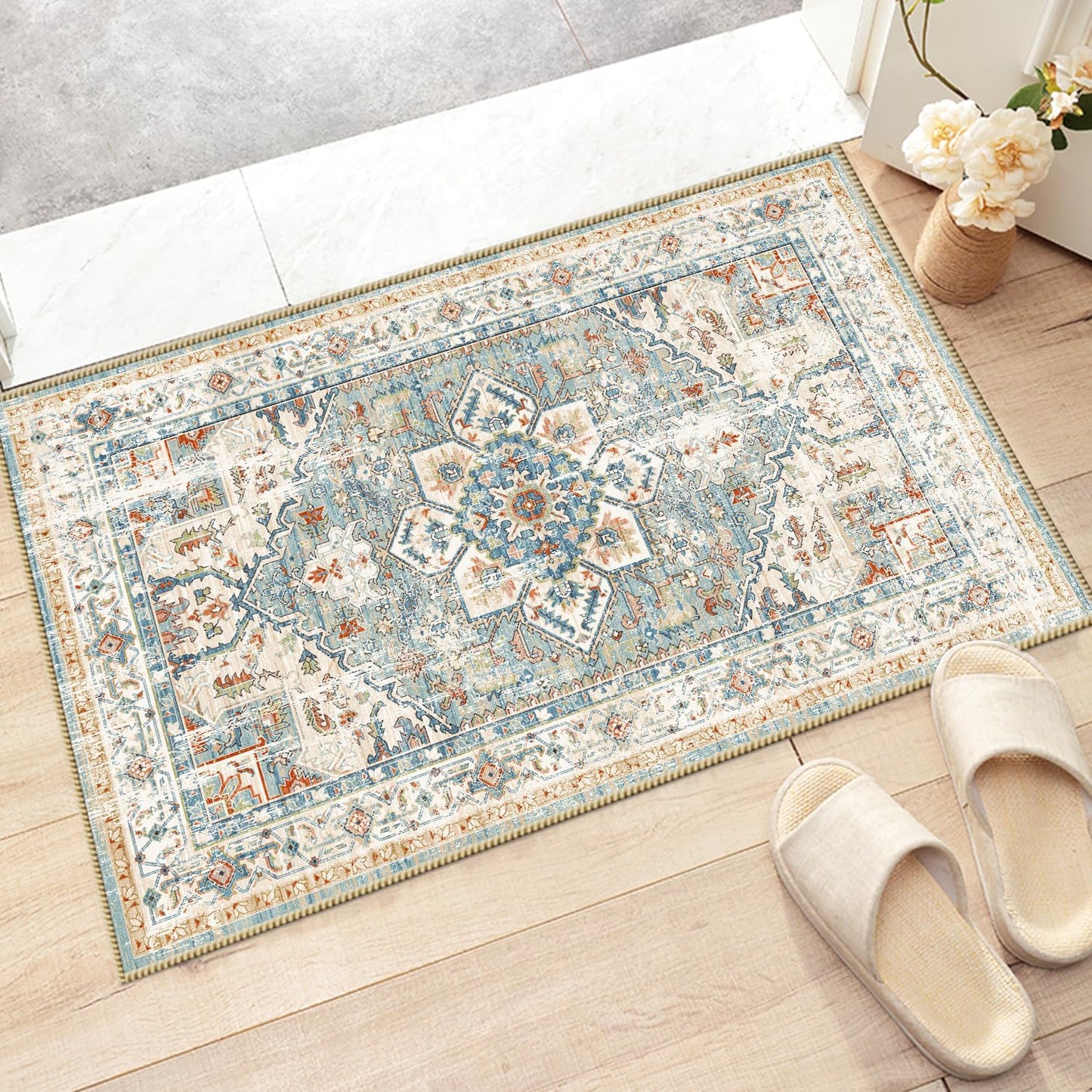 Boho Non-Slip Washable Runner Rug for Hallway and Kitchen, 2x5 Ft Light Grey Area Mat for Bedroom, Bath, Laundry, and Entryway