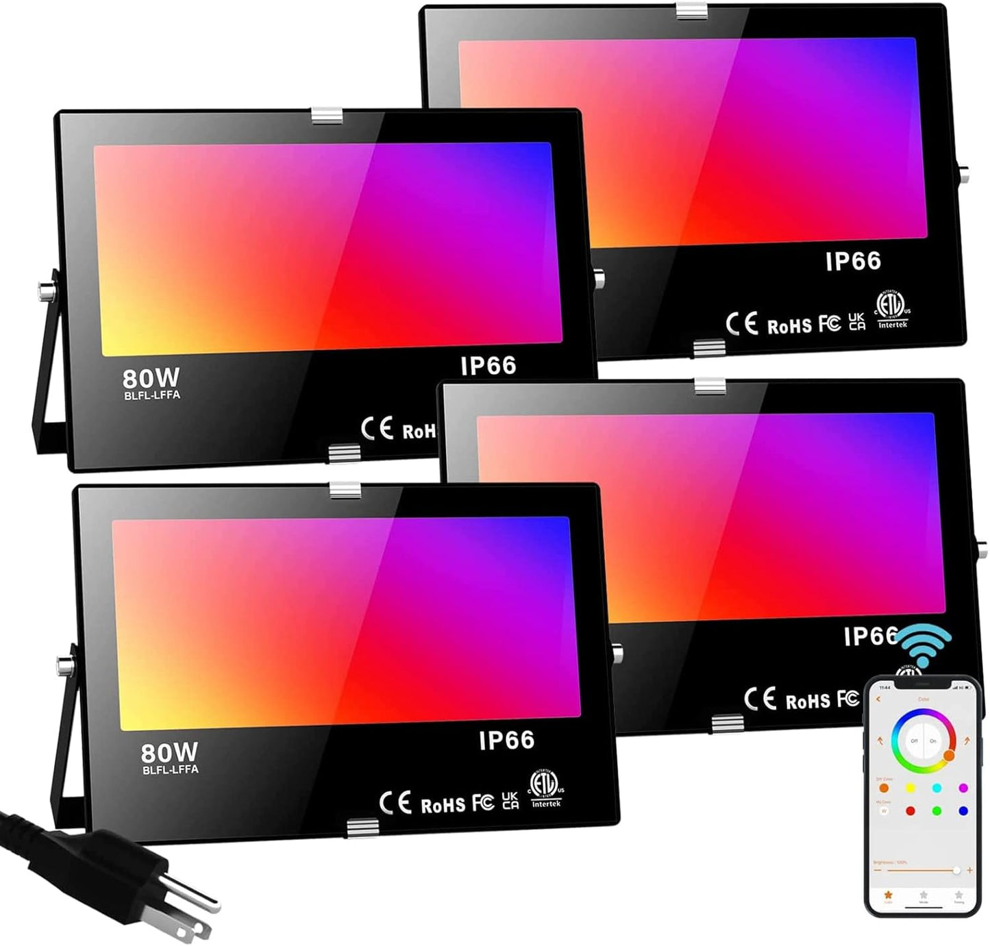 80W Bluetooth RGB Color Changing LED Flood Lights - 800W Equivalent, IP66 Waterproof, APP Group Control, 2700K Warm White & 16 Million Colors, 23 Modes, US 3-Plug (4 Pack)