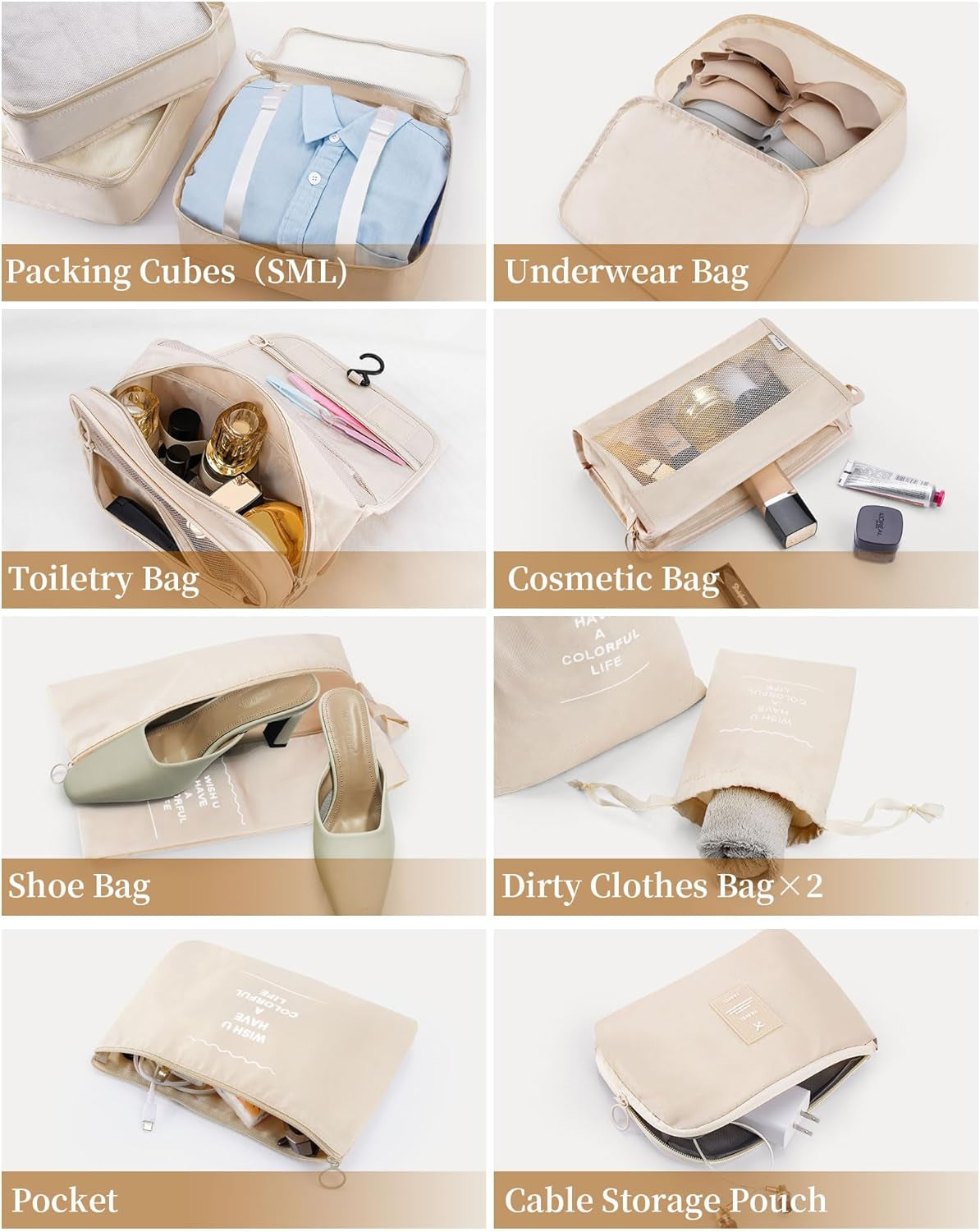 11-Piece Packing Cube Set for Travel - Space-Saving, Water-Resistant Luggage Organizers in Beige