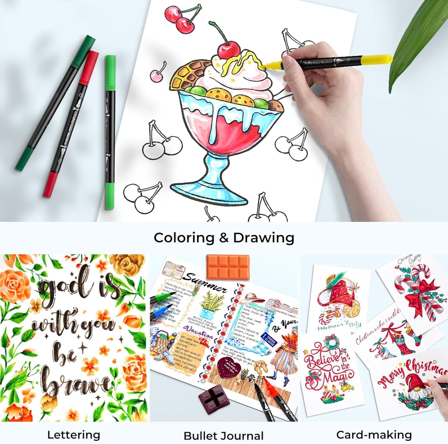 60-Color Dual-Tip Art Markers Set - Water-Based Brush and Fineliner Pens in Black Box