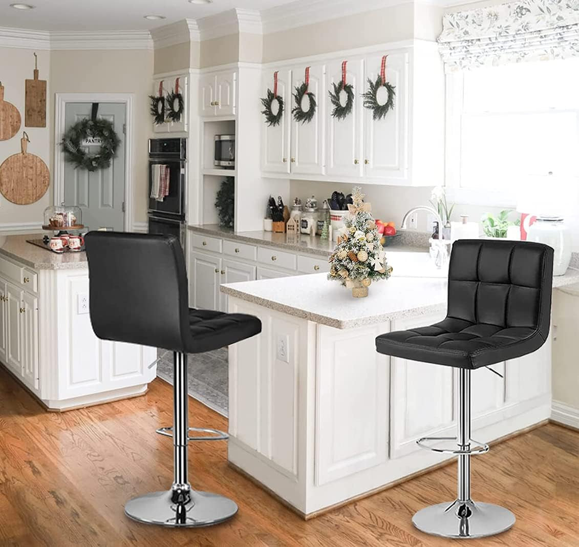 Set of 2 Adjustable Height Swivel Bar Stools in Black Bonded Leather with Backrest and Stability Features