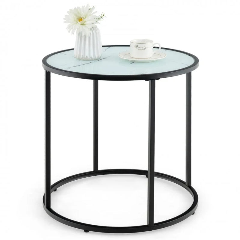 20-Inch Glass End Table Featuring a Metal Frame and Faux Marble Top