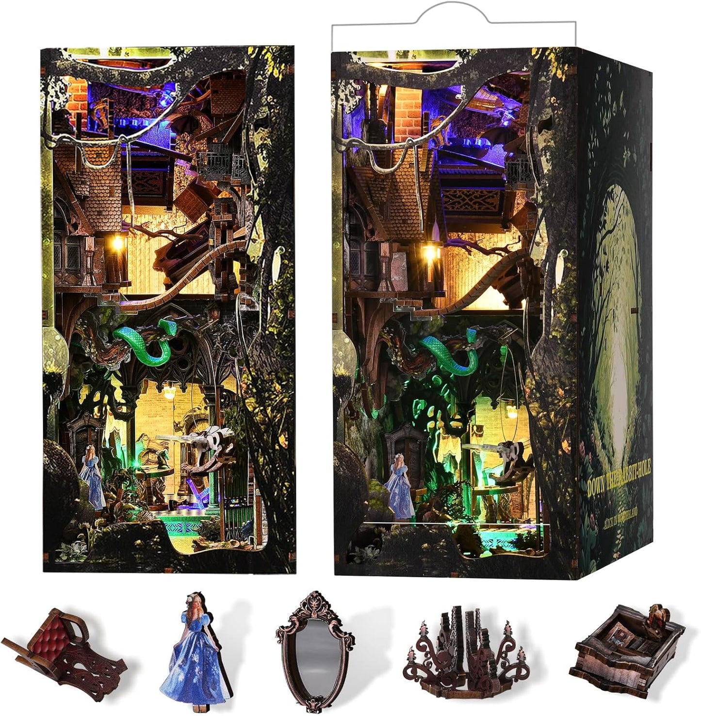 Book Nook Kit, DIY Miniature Dollhouse Booknook Kit, 3D Wooden Puzzle Bookend Bookshelf Insert Decor with LED Light for Teens and Adults (Beyond Library)