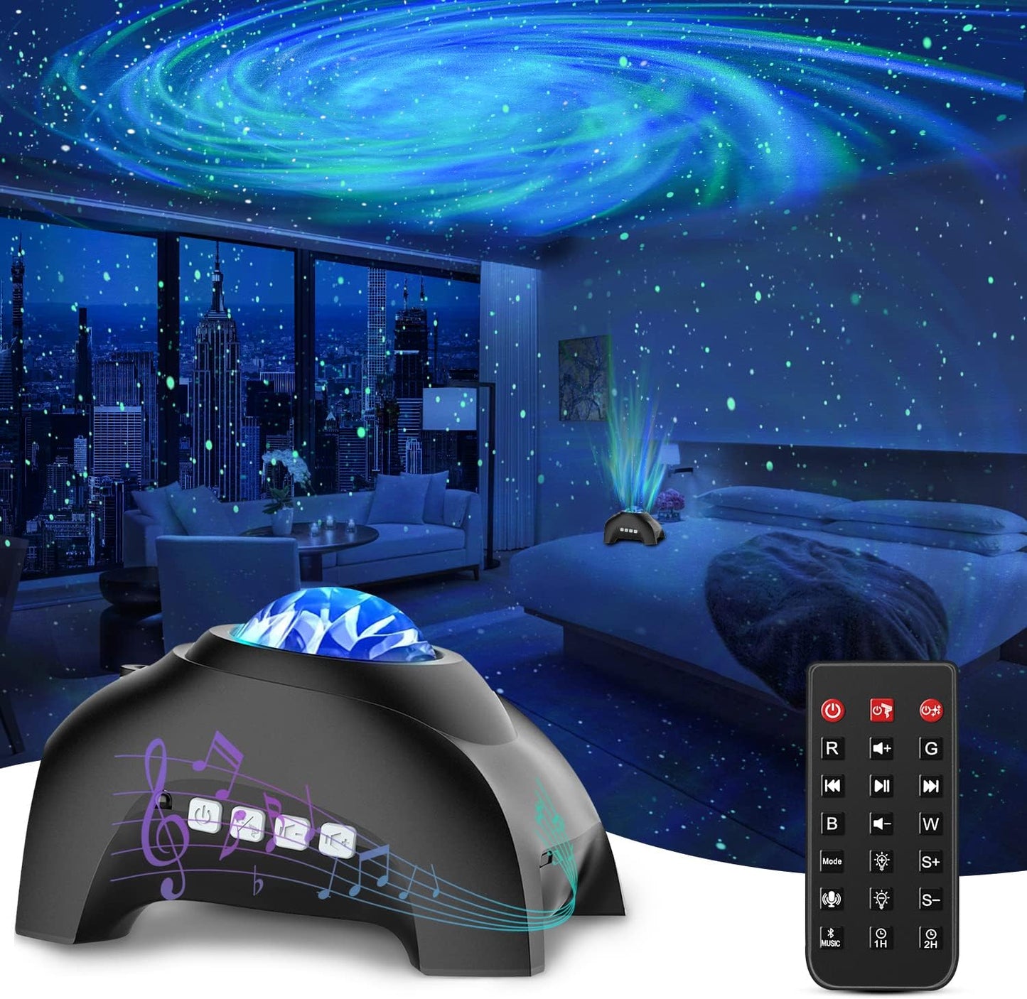 Northern Lights Aurora Projector and Bluetooth Music Speaker with White Noise, Galaxy Light with Remote Control (Black)