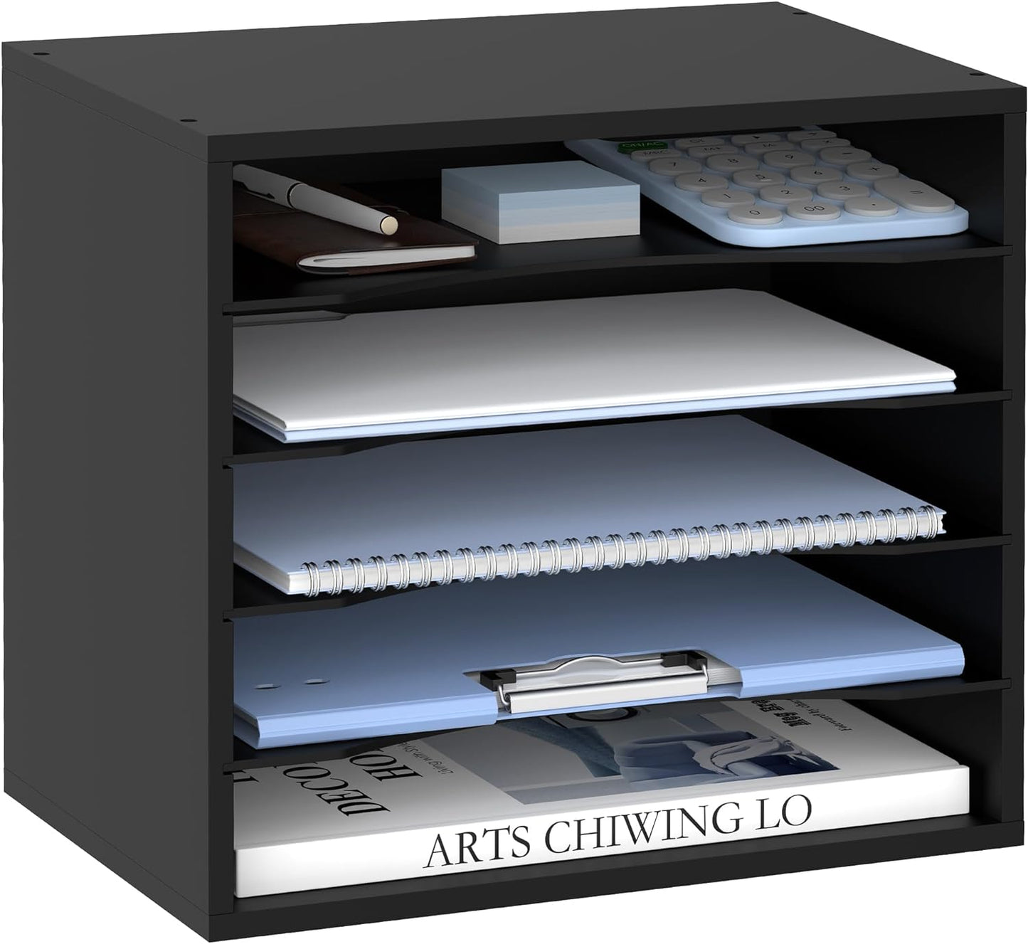 5-Tier Wooden Desk Organizer for Efficient Paper, Literature, and Mail Sorting - Black