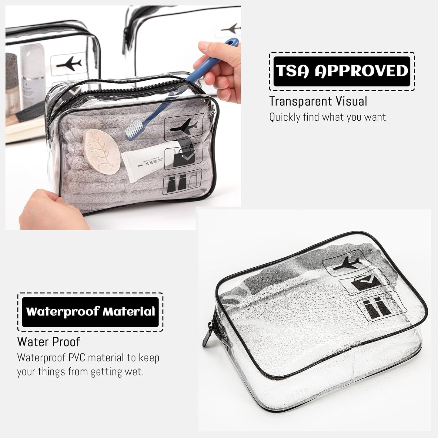 3-Pack TSA Approved Clear Travel Toiletry Bags with Zipper, Quart Size Cosmetic Makeup Bags for Airport Carry-On Essentials