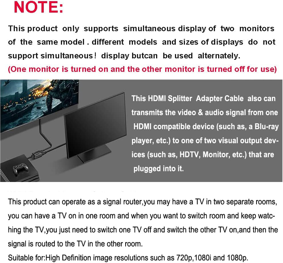 HDMI Splitter Adapter - 1080P Male to Dual Female 1x2 HDMI Splitter Cable for HDTV, LED, LCD Monitors, and Projectors - Supports Dual TV Output