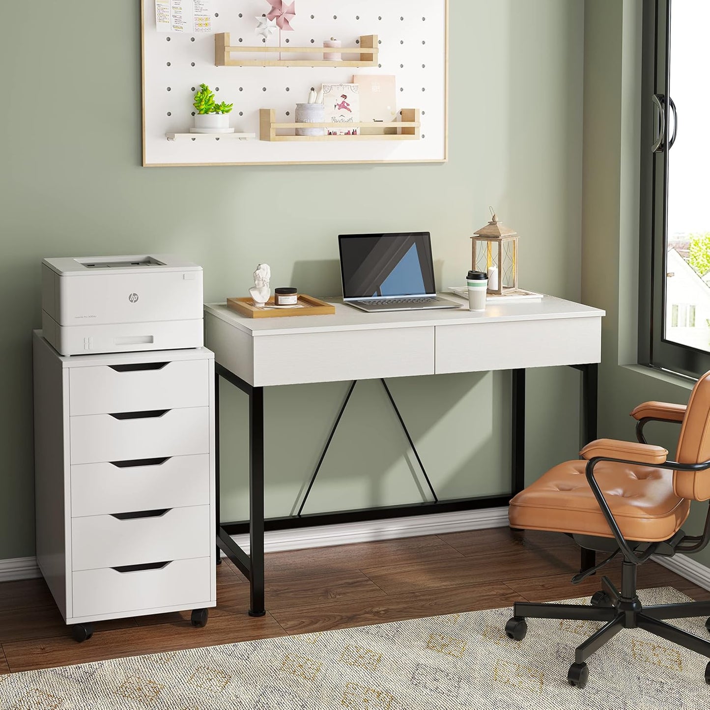 Wood and Metal Computer Desk with Drawers - Versatile Vanity and Makeup Table for Home Office and Small Spaces, 39.4" in White