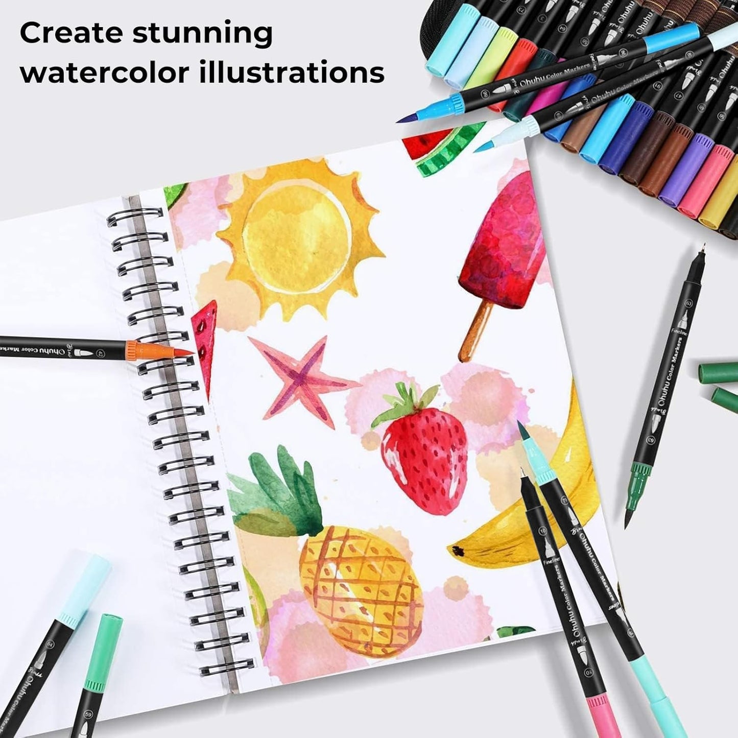 60-Color Dual-Tip Art Markers Set - Water-Based Brush and Fineliner Pens in Black Box