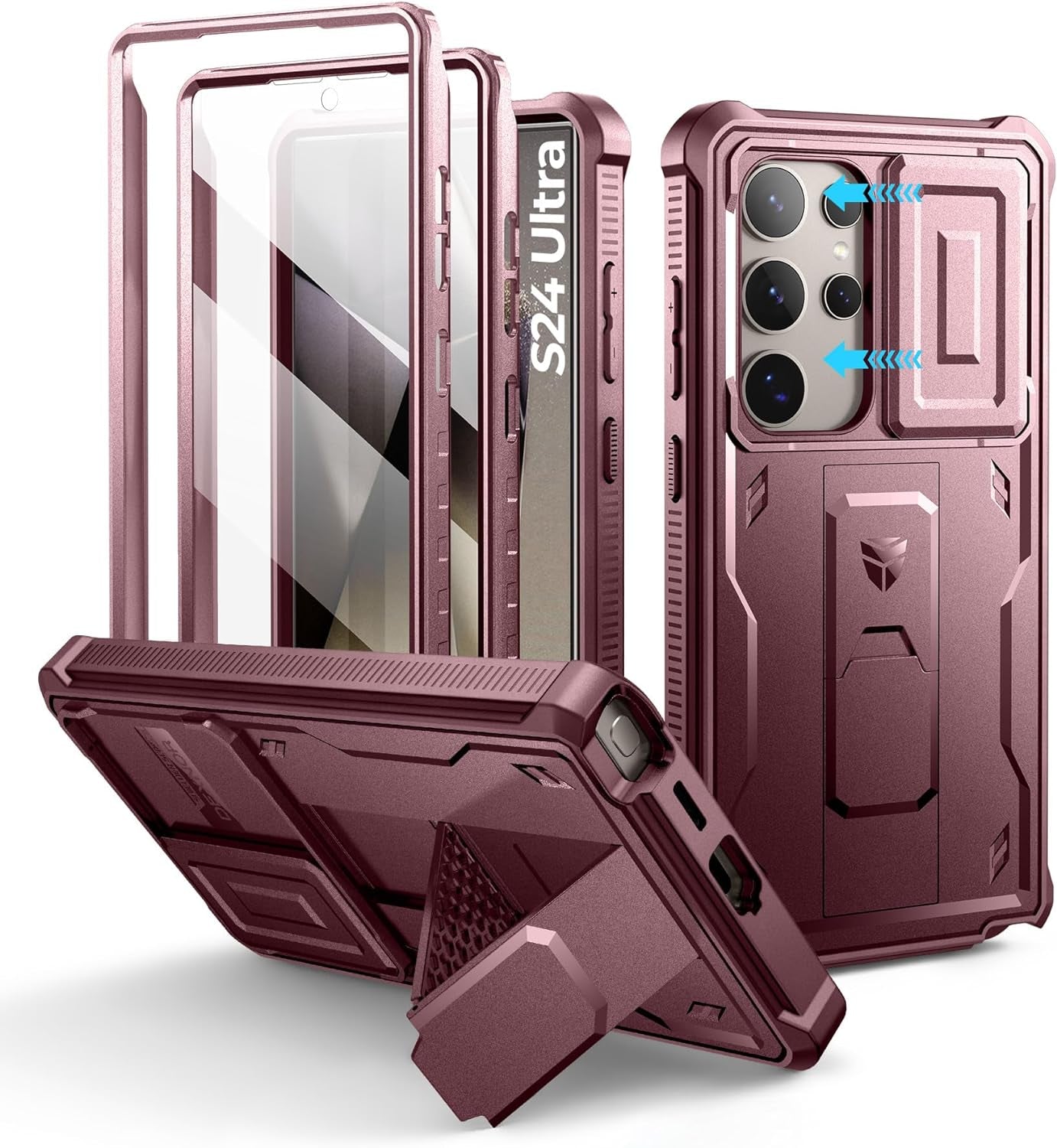 Samsung Galaxy S24 Ultra Heavy-Duty Rugged Case with Built-In Slide Camera Cover, Screen Protector, and Kickstand - Black