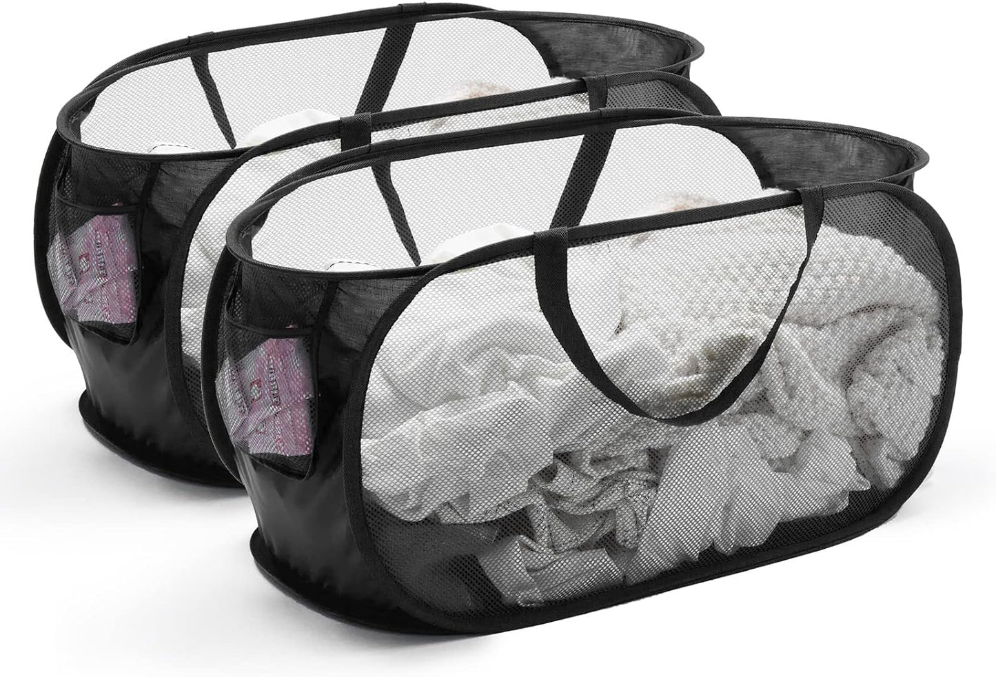 Collapsible Mesh Laundry Basket with Durable Handles and Pockets - Portable and Foldable Clothes Hamper