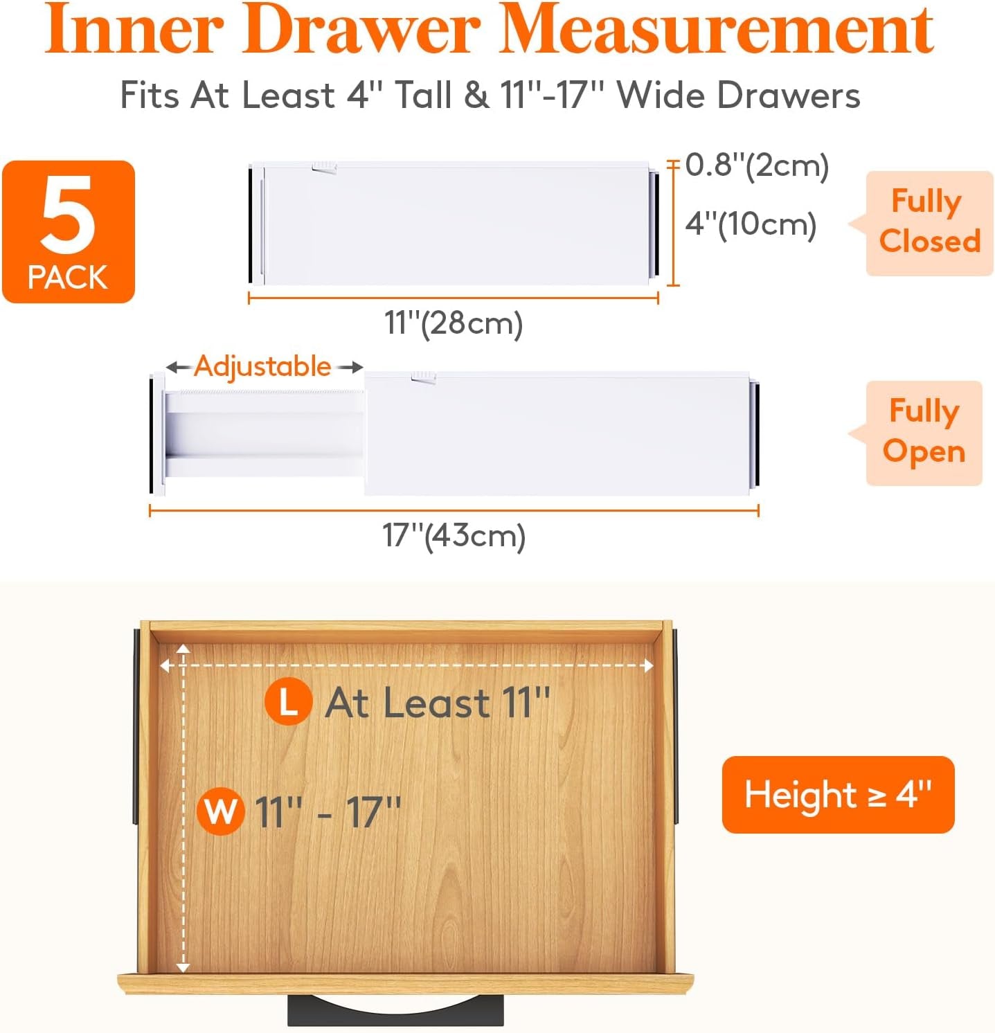 5 Pack Drawer Dividers Plastic 4" High, 11-17" Adjustable Closet Vanity Organizers - Expandable Separators - Storage