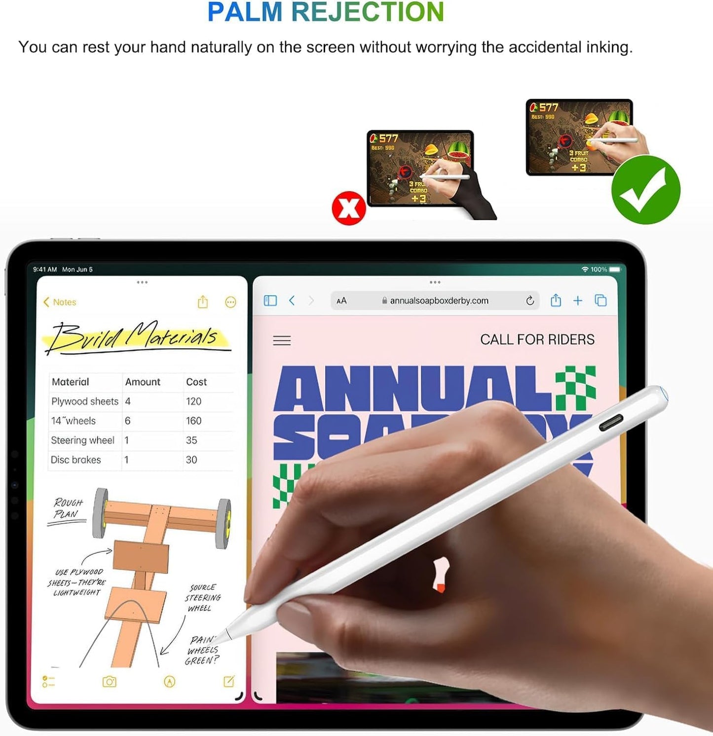 2nd Generation Wireless Charging Pencil for iPad with Tilt and Palm Rejection - Magnetic Stylus Pen - White