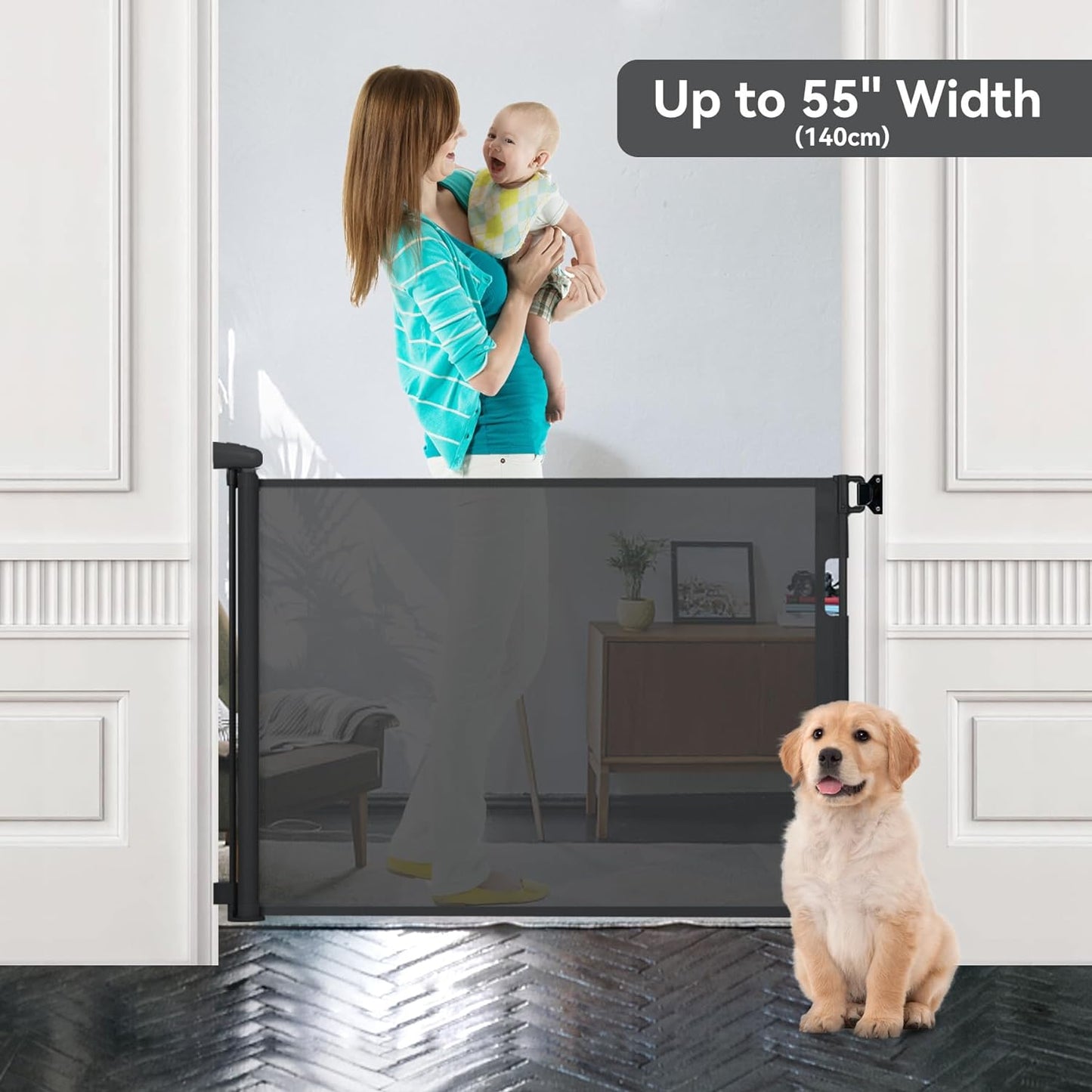 Retractable Indoor/Outdoor Safety Gate for Children and Pets - Extends 55" Wide and 35" Tall,