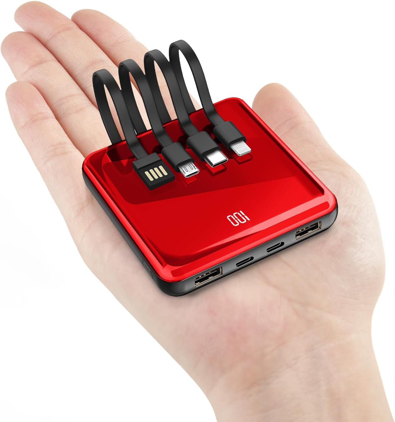 10000mAh Slim Portable Charger with Integrated Cables and LED Display - Versatile External Battery Pack with 4 Inputs and 5 Outputs
