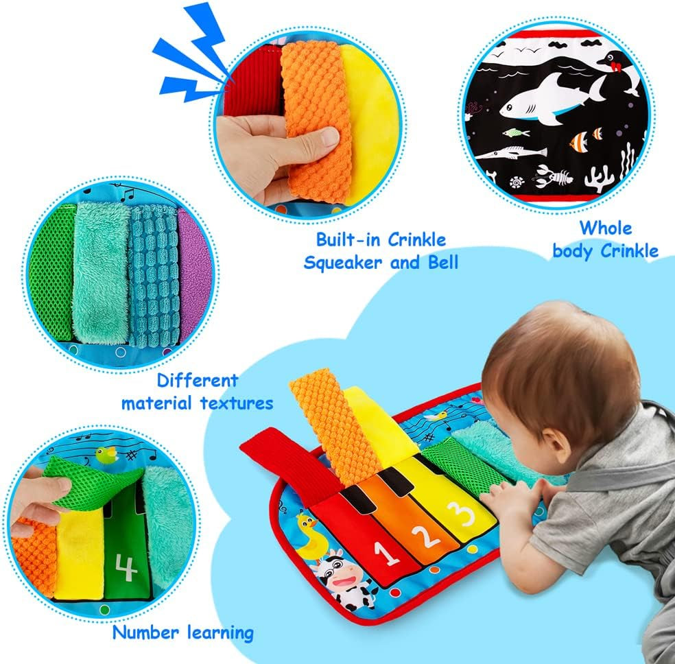 Tummy Time Mirror Toy Activity Circle Mat - High Contrast Black - White Developmental Play Set, Infants 0-6 Months, Sensory Textures, Squeaker Piano