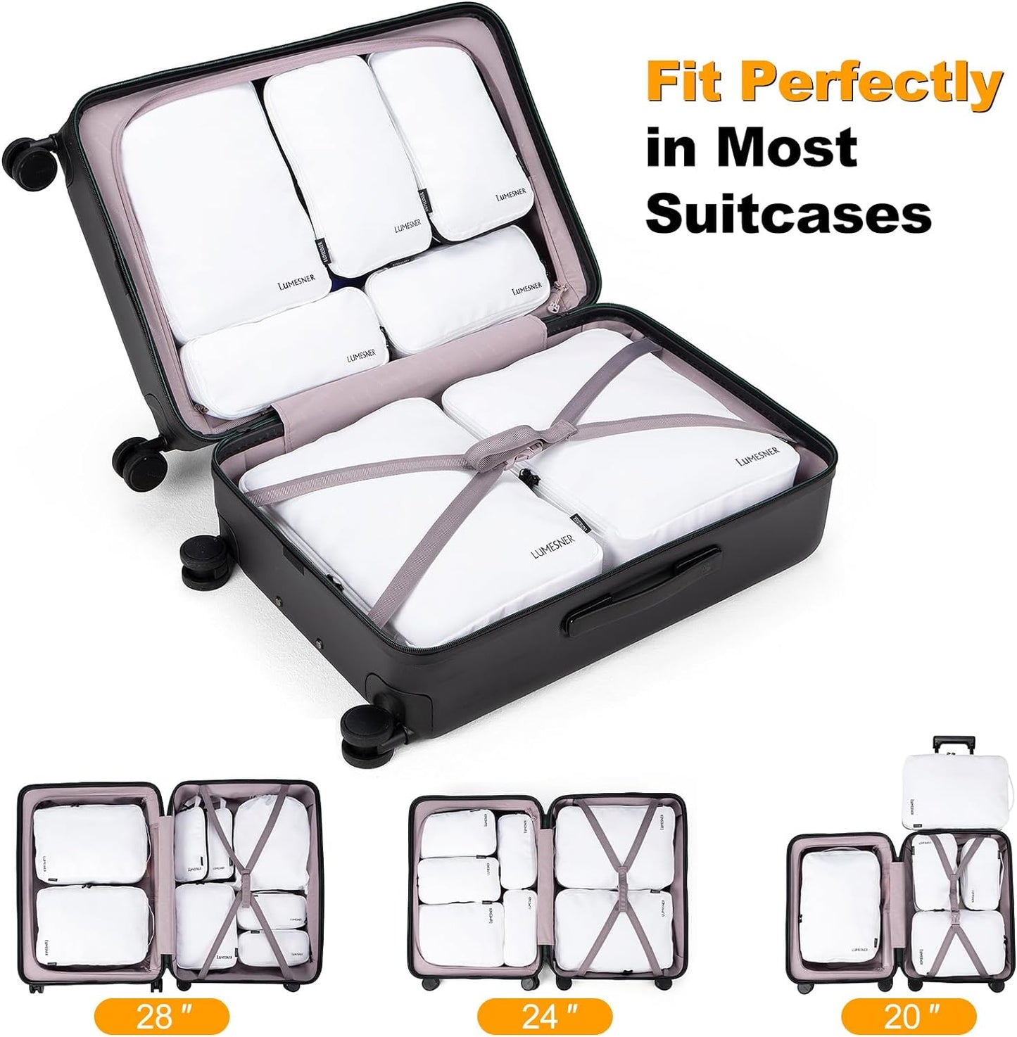 Compression Packing Cubes Set - 8-Piece Travel Organizers for Carry-On Suitcases in White