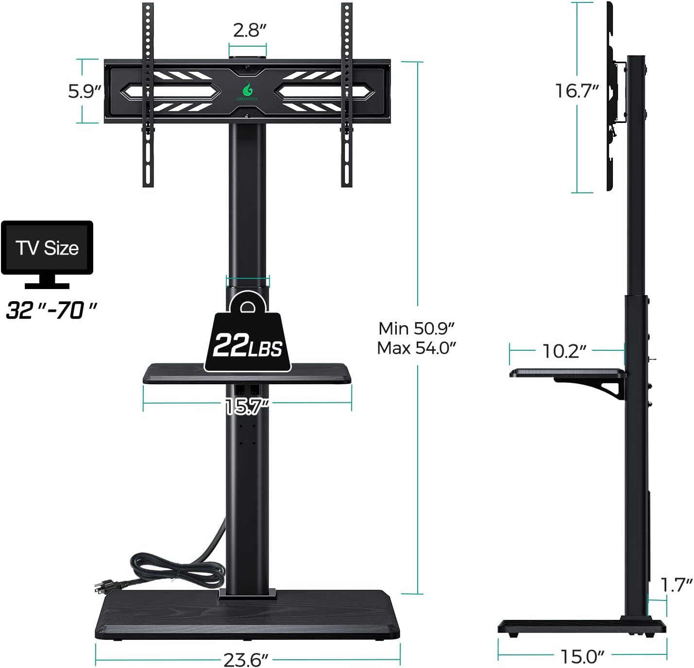 TV Stand with Power Outlet, Universal Floor TV Stand for 32-70 Inch, Swivel Tall TV Stand - AV Shelf, Holds up to 110 Lbs, Height Adjustable, Black