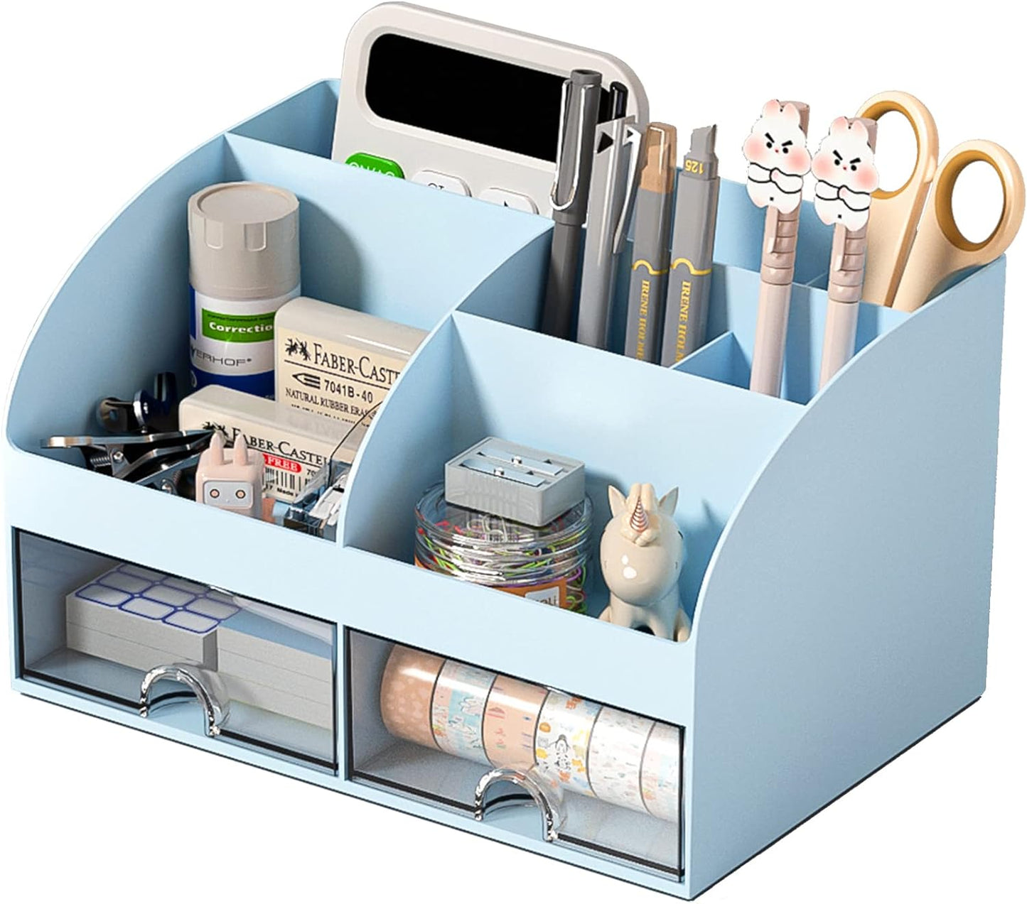 4-Section Drawer Organizer with Dual Pen Holders for Desktop Storage - Versatile Plastic Makeup and Desk Organizer for Home, School, and Office Supplies (White)