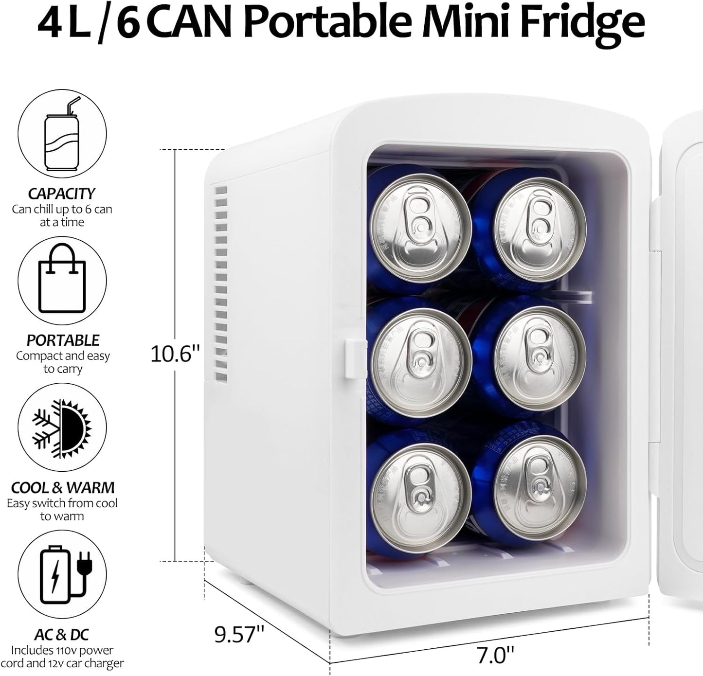 Compact 4L Personal Mini Fridge for Drinks and Skincare - Portable Cooler and Warmer for Office Use (White)