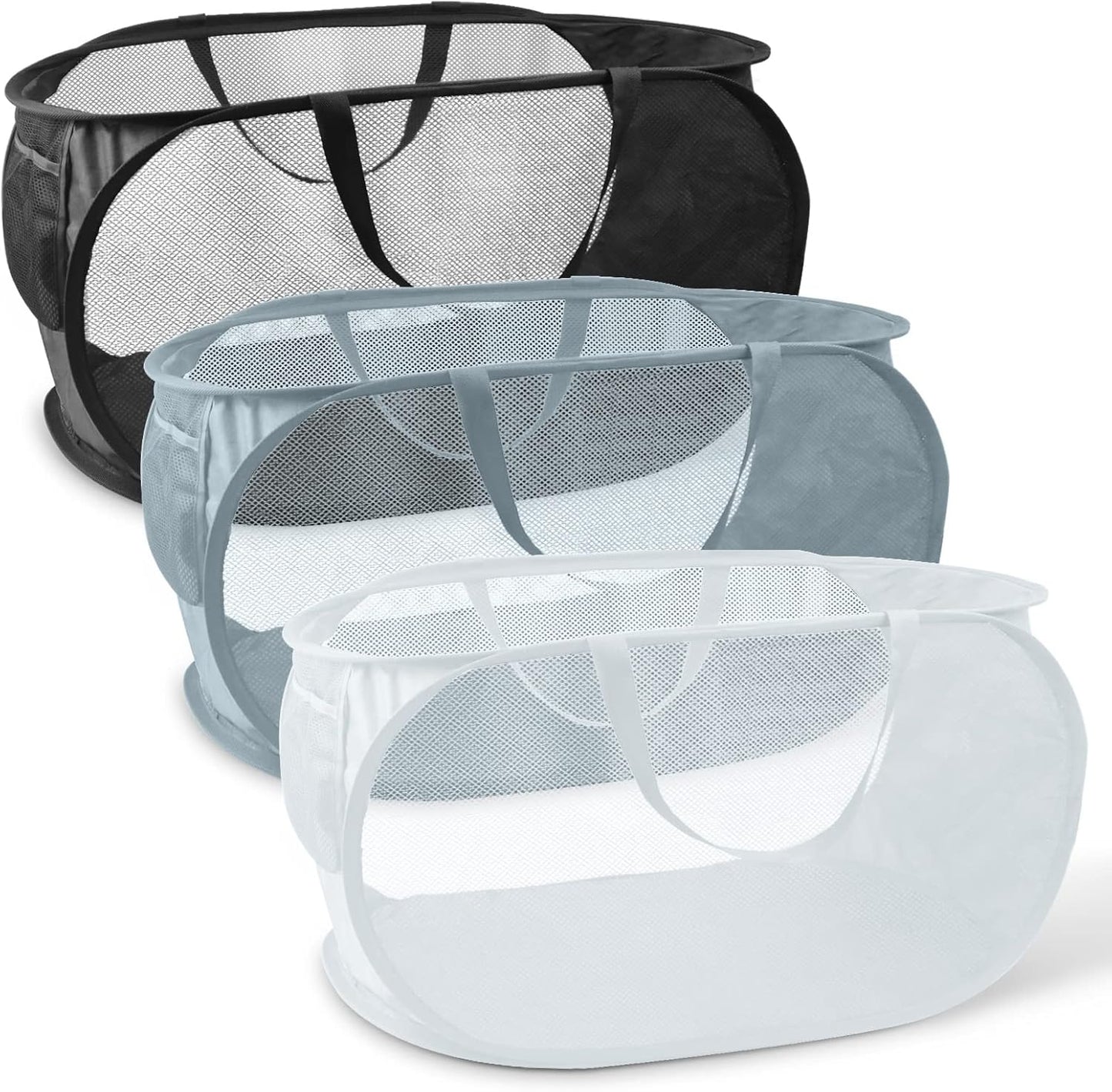 Reinforced Collapsible Laundry Baskets, 3Pcs High-Strength Mesh Pop up Laundry Hamper, Foldable Clothes Hamper with Handles and Side Pocket for Laundry Room Dorm, Horizontal