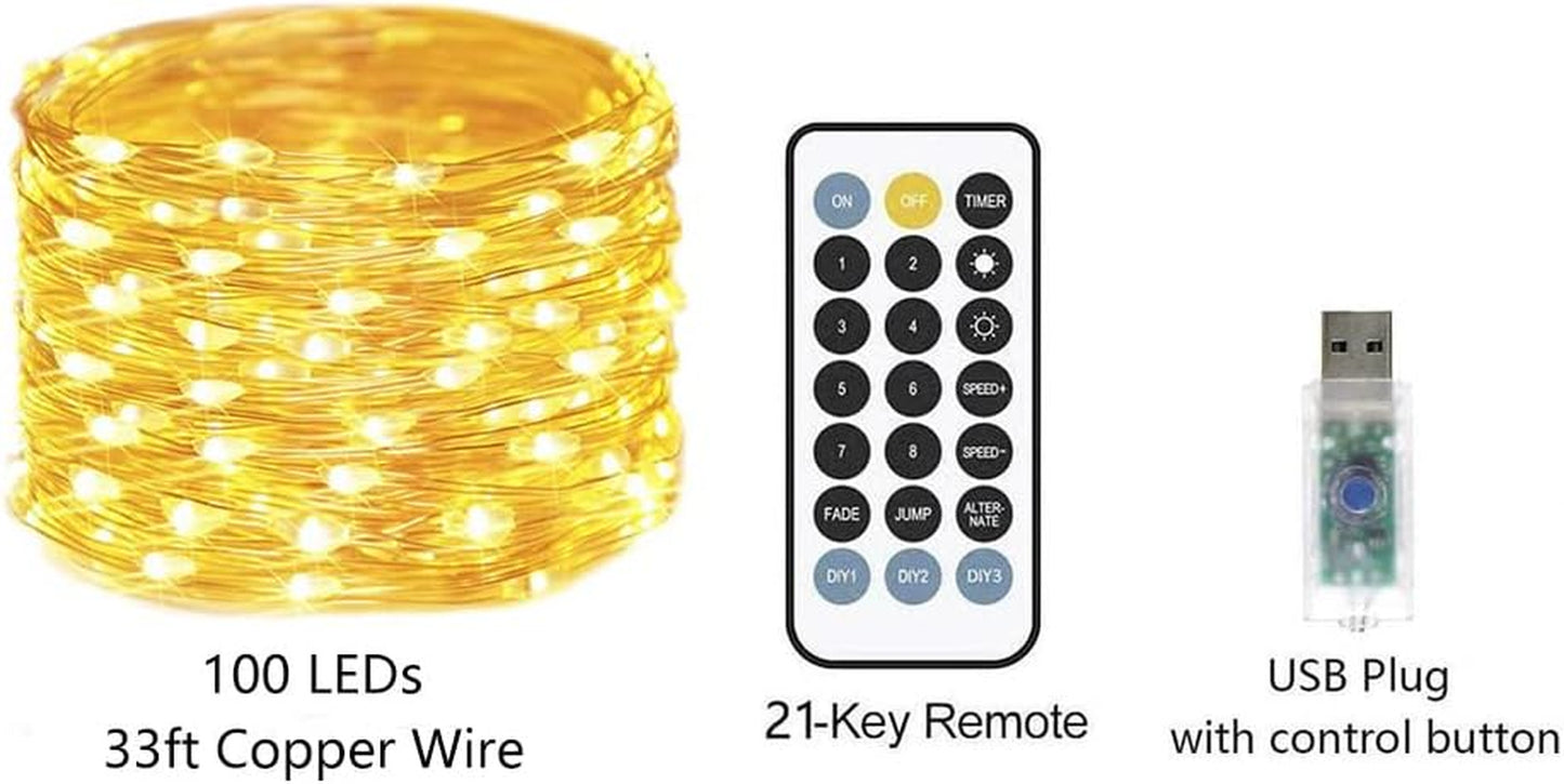 33Ft 100LED Warm White Indoor USB-Powered Fairy Lights for Bedroom Decor, Ideal for Weddings and Holiday Celebrations