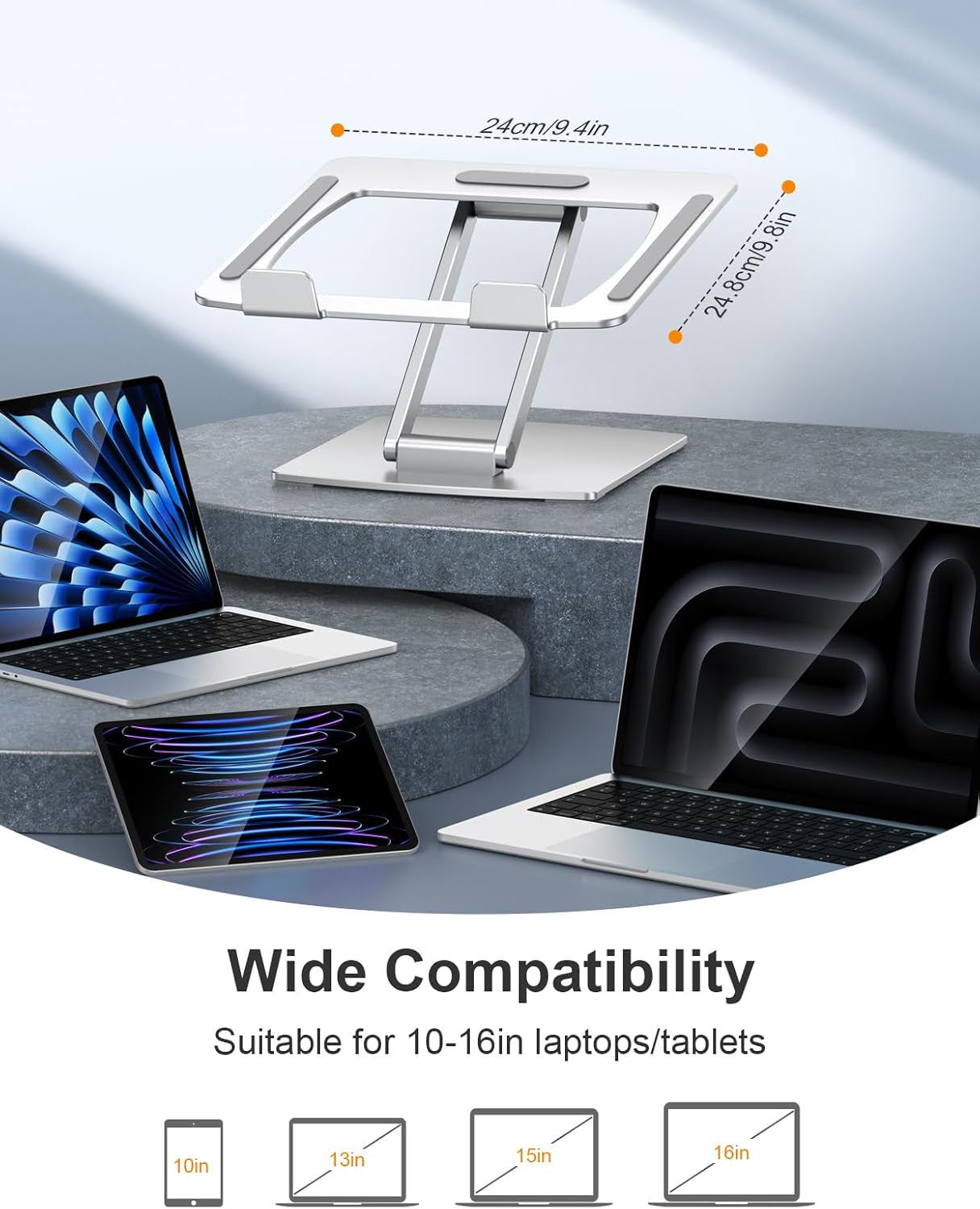 Adjustable Aluminum Laptop Stand for Desk - Ergonomic Riser for Improved Posture, Ventilated Cooling, and Portability