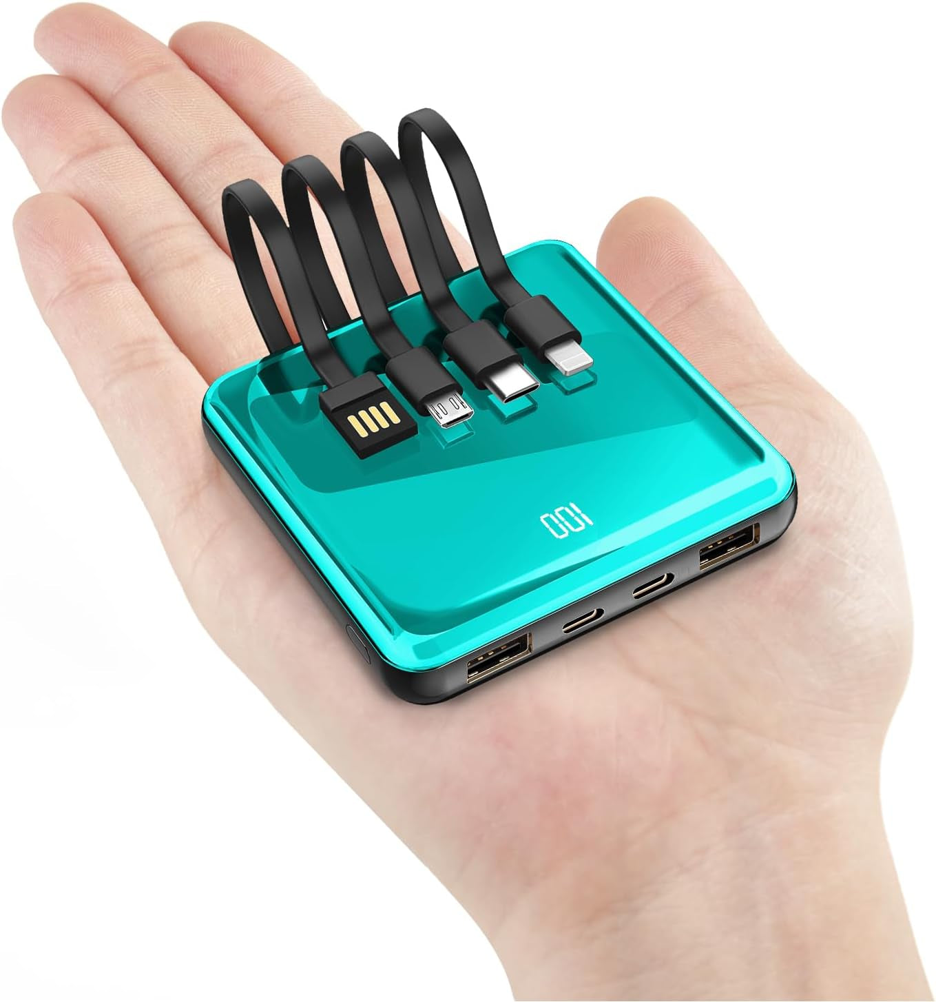 10000mAh Slim Portable Charger with Integrated Cables and LED Display - Versatile External Battery Pack with 4 Inputs and 5 Outputs