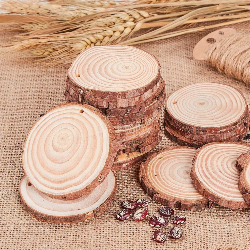 Natural Wood Slices - 50 Unfinished Predrilled Discs (2''-2.4'') with Twine for DIY Crafting, Wedding Decor, and Christmas Ornaments