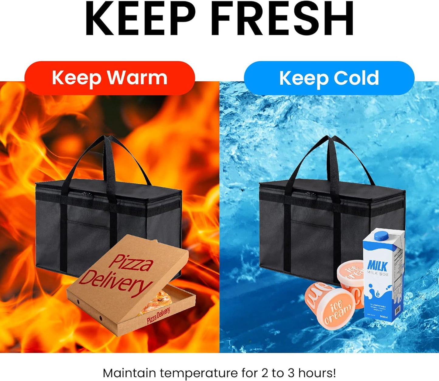 XXL Insulated Cooler Bag and Food Warmer for Food Delivery and Grocery Shopping, Black, Zippered Top (1 Pack)