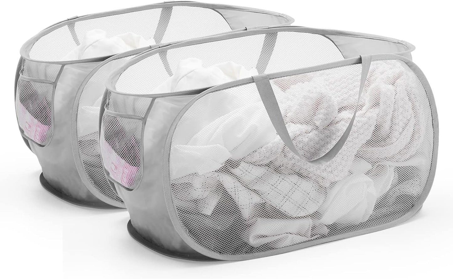 Collapsible Mesh Laundry Basket with Durable Handles and Pockets - Portable and Foldable Clothes Hamper