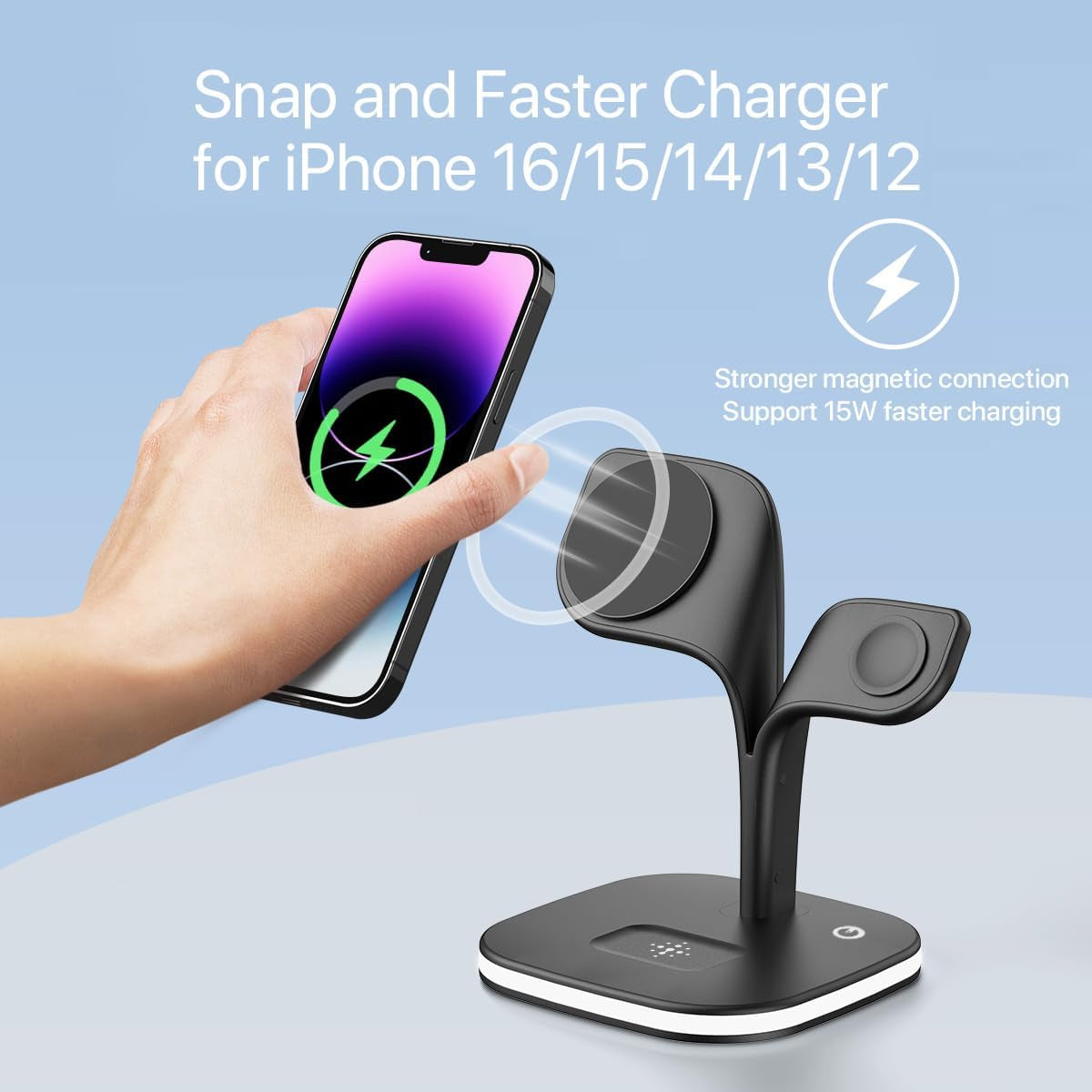 Wireless Charging Station for MagSafe-Compatible Devices - Multi-Device Charger for iPhone, iWatch Series, AirPods Pro - LED Indicator and Adapter (Black)