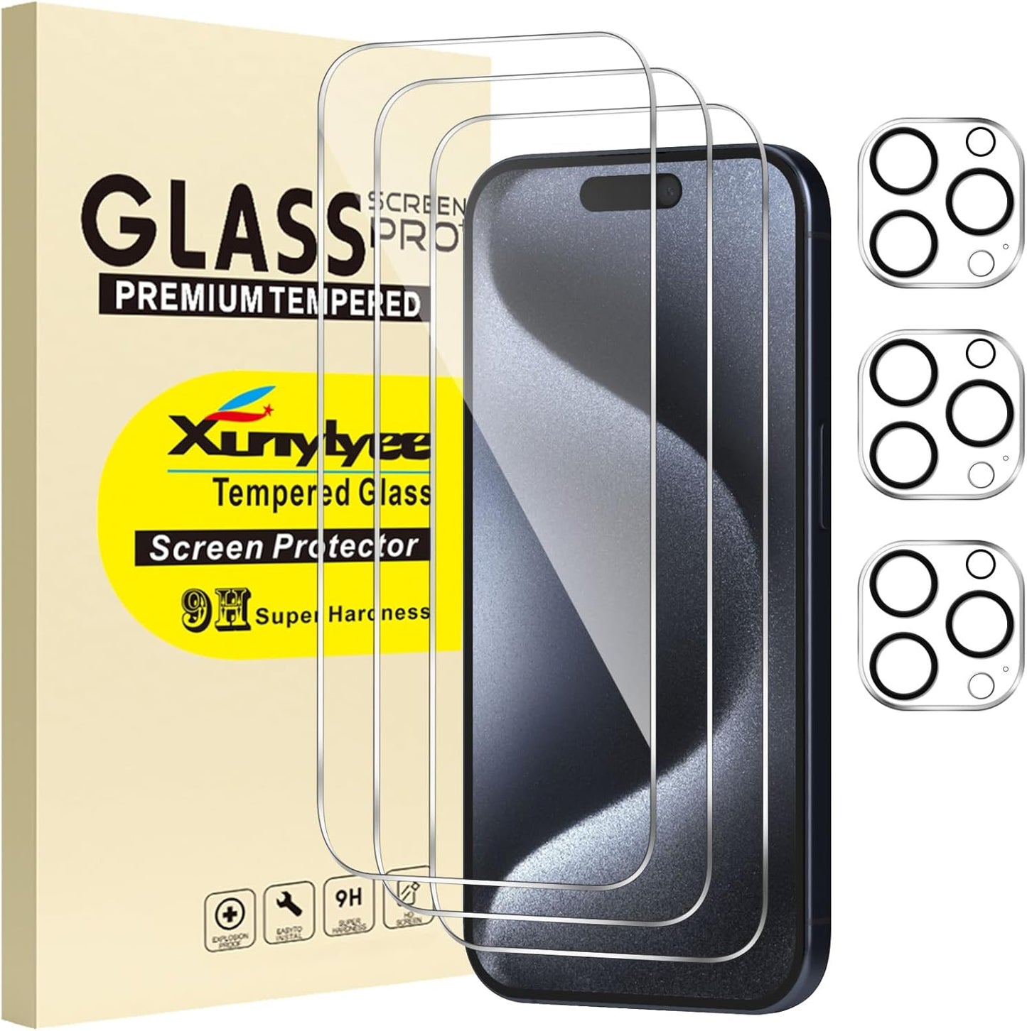 Triple Pack Screen Protector and Camera Lens Protector for iPhone 15 Pro 6.1-Inch - Tempered Glass Film