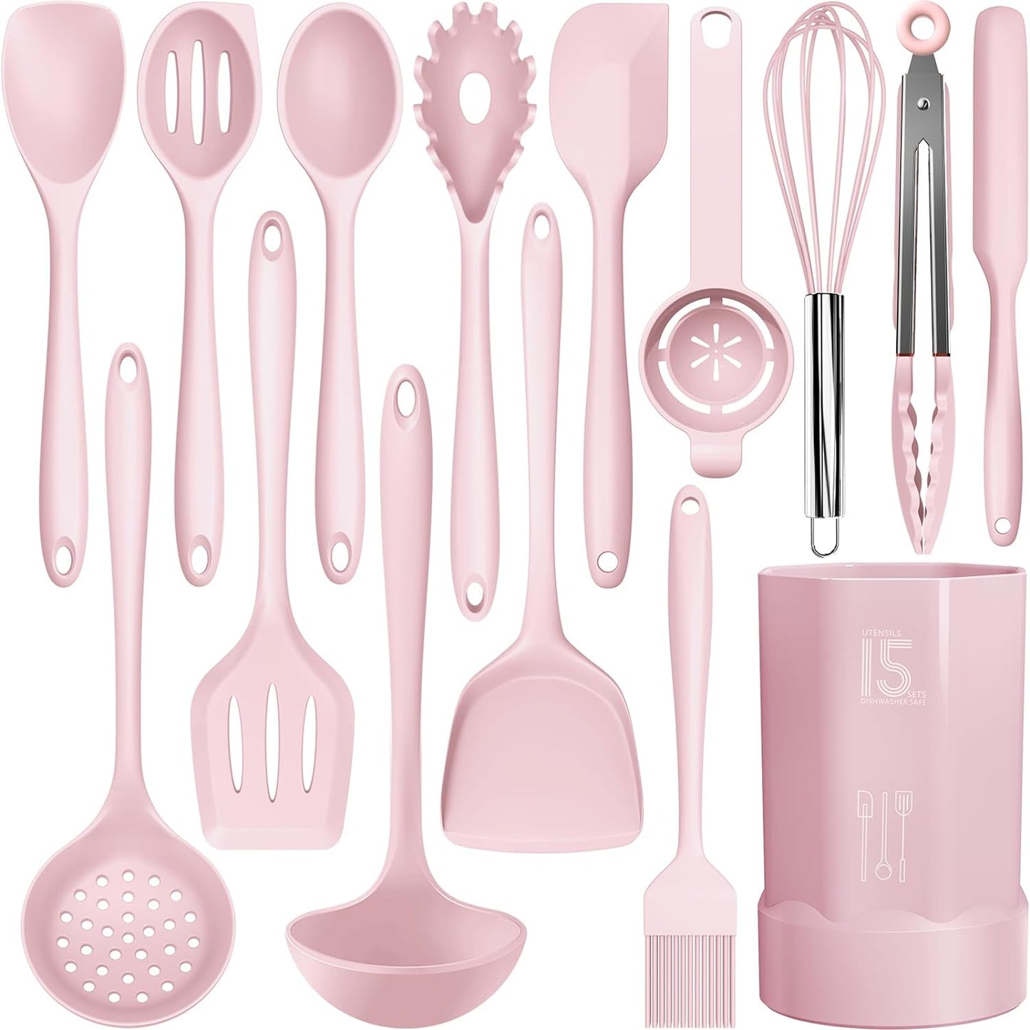 Silicone Kitchen Utensils Set - Heat Resistant Up to 446°F, Includes Turner, Tongs, Spatula, Spoon, Brush, Whisk, Dishwasher Safe and BPA Free