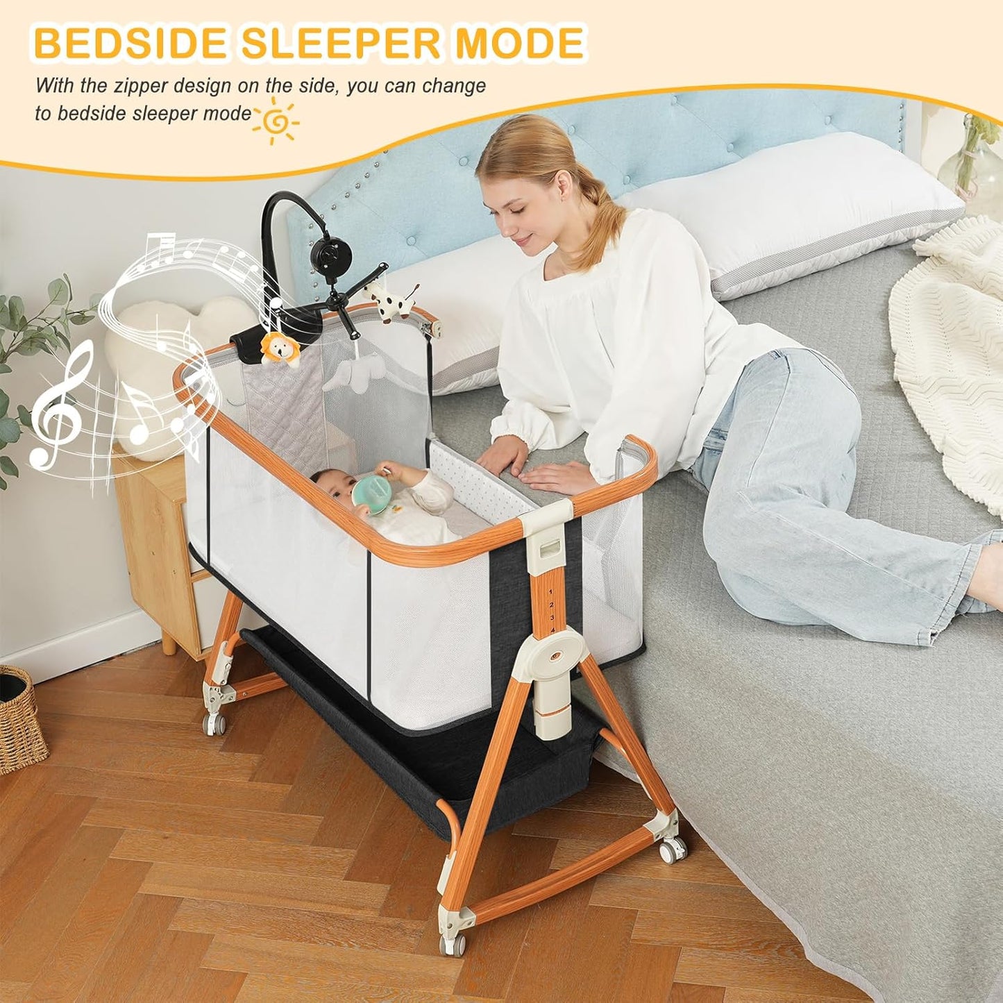 3-in-1 Adjustable Height Baby Bassinet - Musical Toy, Wheels, Storage Basket - 4-Sided Mesh Bedside Sleepe, Newborns (0-6 Months) Black