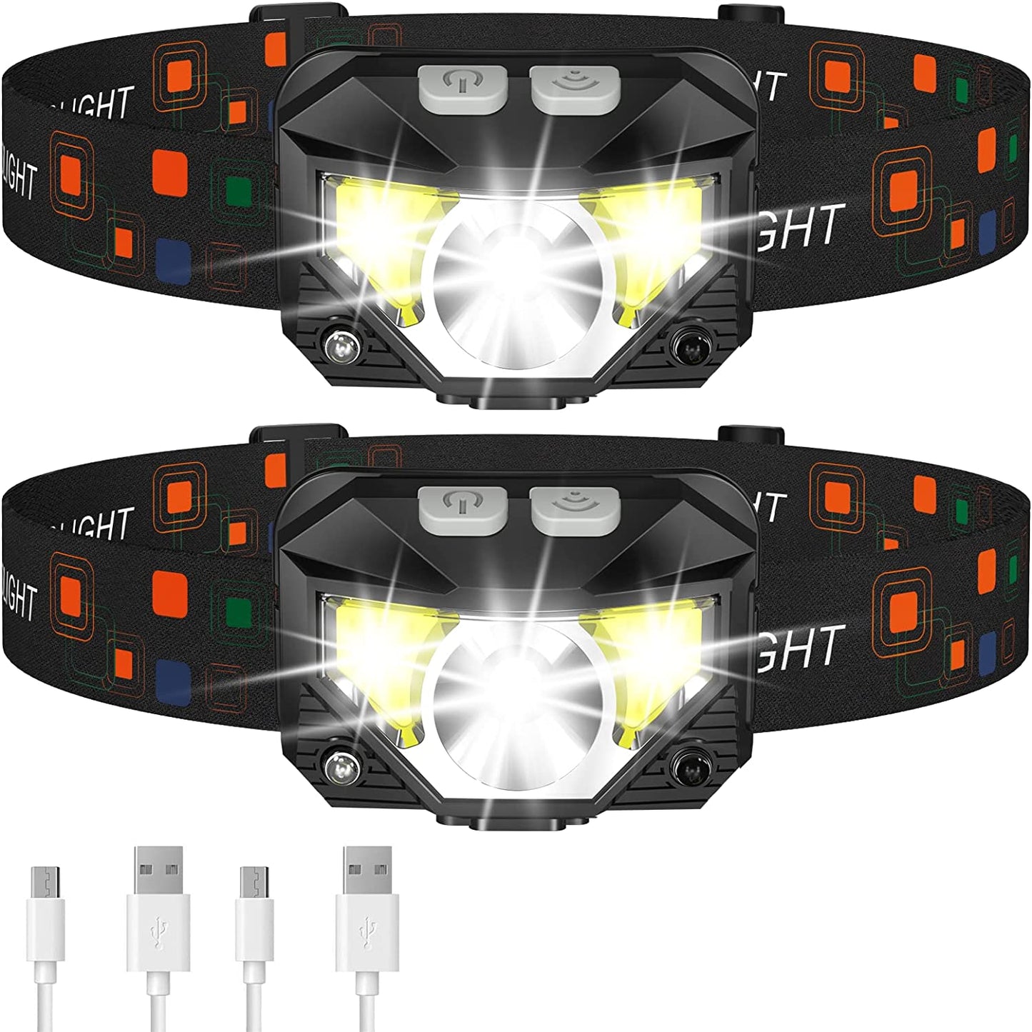 Ultra-Lightweight 1200 Lumen Rechargeable LED Headlamp - White, Red Light, 2-Pack Waterproof Motion Sensor Headlight, 8 Modes, Outdoor Activities - Camping, Running, Hiking, Fishing