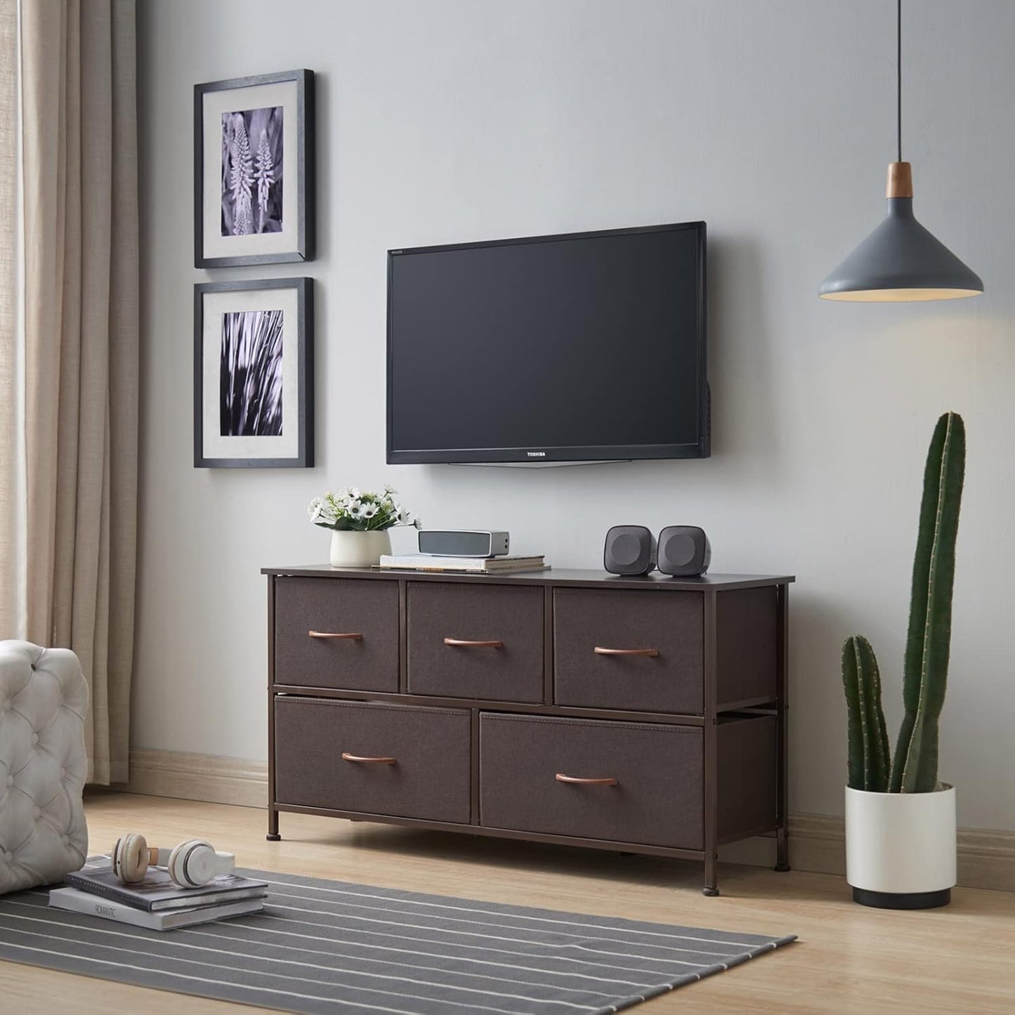 5-Drawer Dresser in Coffee Brown with Removable Fabric Bins for Versatile Storage